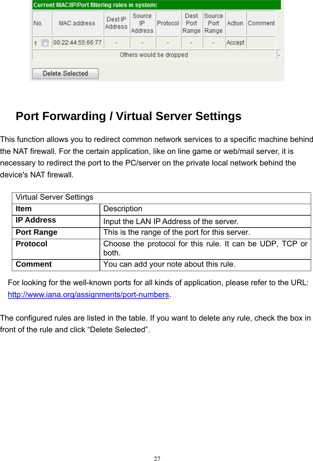  27  Port Forwarding / Virtual Server Settings This function allows you to redirect common network services to a specific machine behind the NAT firewall. For the certain application, like on line game or web/mail server, it is necessary to redirect the port to the PC/server on the private local network behind the device&apos;s NAT firewall.  Virtual Server Settings Item  Description IP Address  Input the LAN IP Address of the server. Port Range  This is the range of the port for this server. Protocol  Choose the protocol for this rule. It can be UDP, TCP or both. Comment  You can add your note about this rule. For looking for the well-known ports for all kinds of application, please refer to the URL: http://www.iana.org/assignments/port-numbers.  The configured rules are listed in the table. If you want to delete any rule, check the box in front of the rule and click “Delete Selected”.    