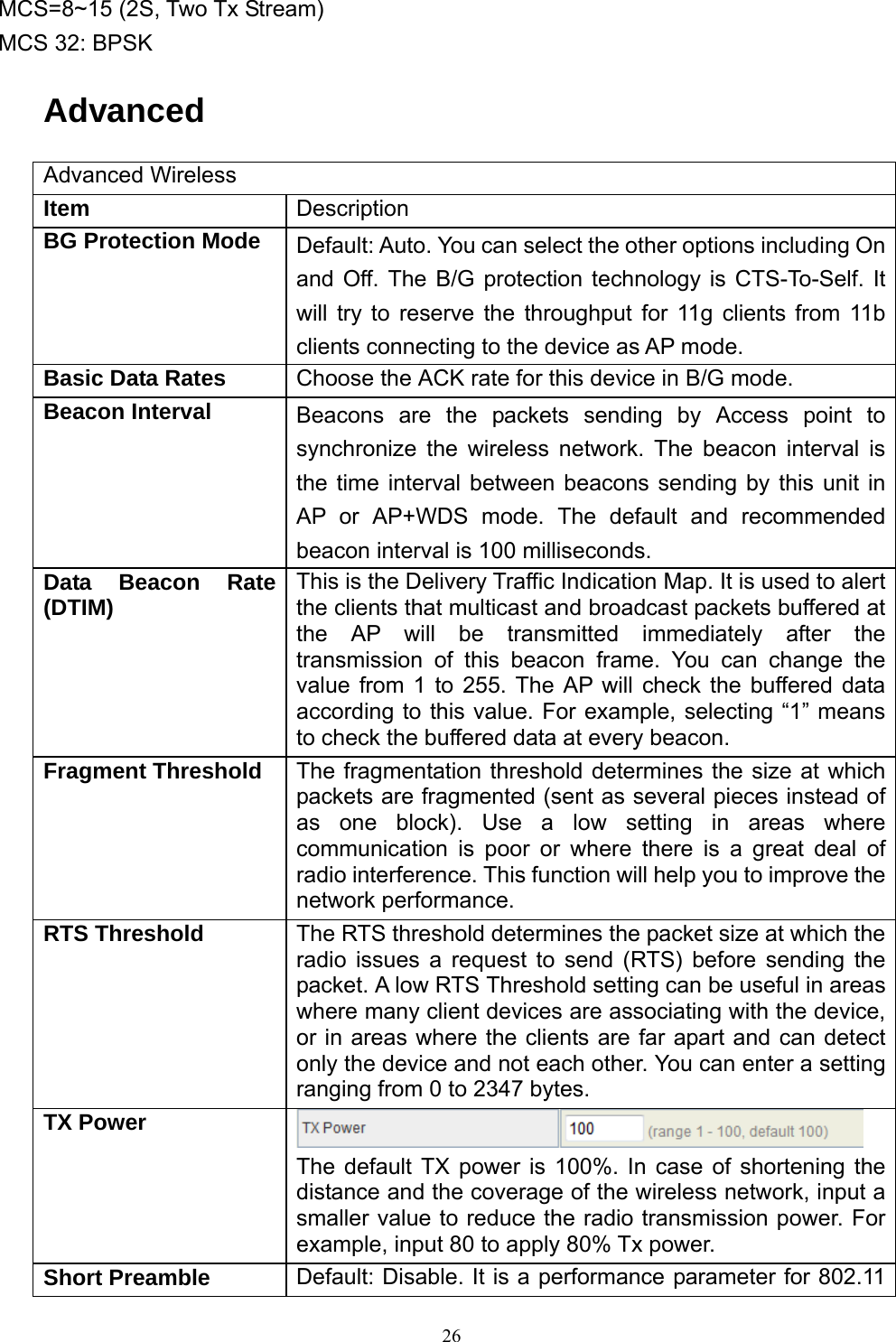  26MCS=8~15 (2S, Two Tx Stream) MCS 32: BPSK Advanced Advanced Wireless Item  Description BG Protection Mode  Default: Auto. You can select the other options including On and Off. The B/G protection technology is CTS-To-Self. It will try to reserve the throughput for 11g clients from 11b clients connecting to the device as AP mode. Basic Data Rates  Choose the ACK rate for this device in B/G mode. Beacon Interval  Beacons are the packets sending by Access point to synchronize the wireless network. The beacon interval is the time interval between beacons sending by this unit in AP or AP+WDS mode. The default and recommended beacon interval is 100 milliseconds. Data Beacon Rate (DTIM)  This is the Delivery Traffic Indication Map. It is used to alert the clients that multicast and broadcast packets buffered at the AP will be transmitted immediately after the transmission of this beacon frame. You can change the value from 1 to 255. The AP will check the buffered data according to this value. For example, selecting “1” means to check the buffered data at every beacon. Fragment Threshold  The fragmentation threshold determines the size at which packets are fragmented (sent as several pieces instead of as one block). Use a low setting in areas where communication is poor or where there is a great deal of radio interference. This function will help you to improve the network performance. RTS Threshold  The RTS threshold determines the packet size at which the radio issues a request to send (RTS) before sending the packet. A low RTS Threshold setting can be useful in areas where many client devices are associating with the device, or in areas where the clients are far apart and can detect only the device and not each other. You can enter a setting ranging from 0 to 2347 bytes. TX Power   The default TX power is 100%. In case of shortening the distance and the coverage of the wireless network, input a smaller value to reduce the radio transmission power. For example, input 80 to apply 80% Tx power. Short Preamble  Default: Disable. It is a performance parameter for 802.11 