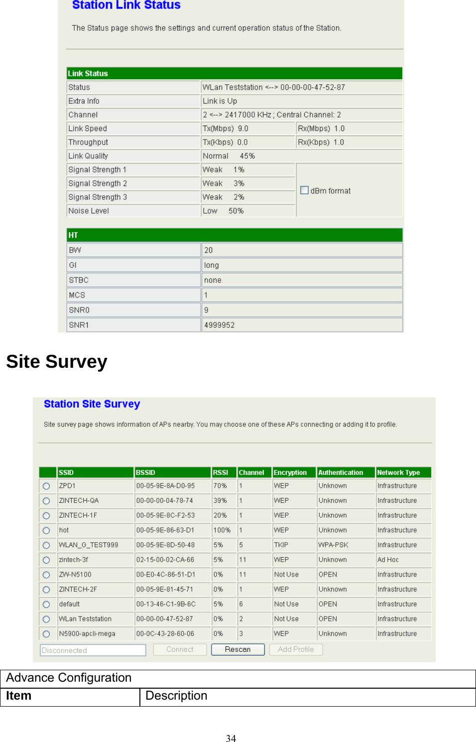  34 Site Survey  Advance Configuration Item  Description 