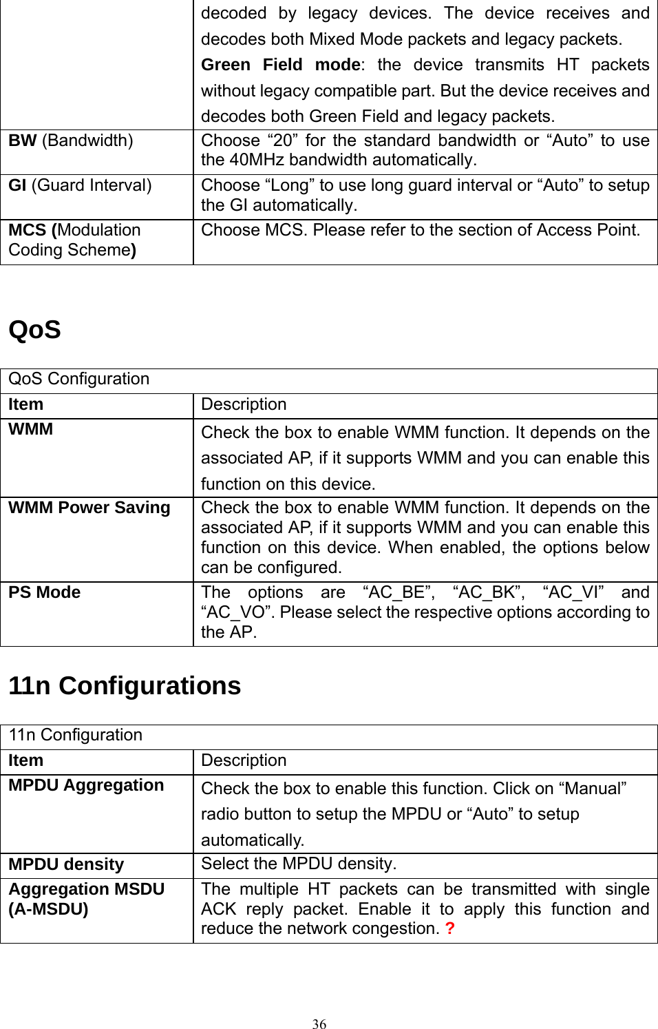  36decoded by legacy devices. The device receives and decodes both Mixed Mode packets and legacy packets. Green Field mode: the device transmits HT packets without legacy compatible part. But the device receives and decodes both Green Field and legacy packets. BW (Bandwidth) Choose “20” for the standard bandwidth or “Auto” to use the 40MHz bandwidth automatically. GI (Guard Interval) Choose “Long” to use long guard interval or “Auto” to setup the GI automatically. MCS (Modulation Coding Scheme)  Choose MCS. Please refer to the section of Access Point.  QoS QoS Configuration Item  Description WMM  Check the box to enable WMM function. It depends on the associated AP, if it supports WMM and you can enable this function on this device. WMM Power Saving  Check the box to enable WMM function. It depends on the associated AP, if it supports WMM and you can enable this function on this device. When enabled, the options below can be configured. PS Mode  The options are “AC_BE”, “AC_BK”, “AC_VI” and “AC_VO”. Please select the respective options according to the AP. 11n Configurations 11n Configuration Item  Description MPDU Aggregation  Check the box to enable this function. Click on “Manual” radio button to setup the MPDU or “Auto” to setup automatically. MPDU density  Select the MPDU density. Aggregation MSDU (A-MSDU)  The multiple HT packets can be transmitted with single ACK reply packet. Enable it to apply this function and reduce the network congestion. ? 