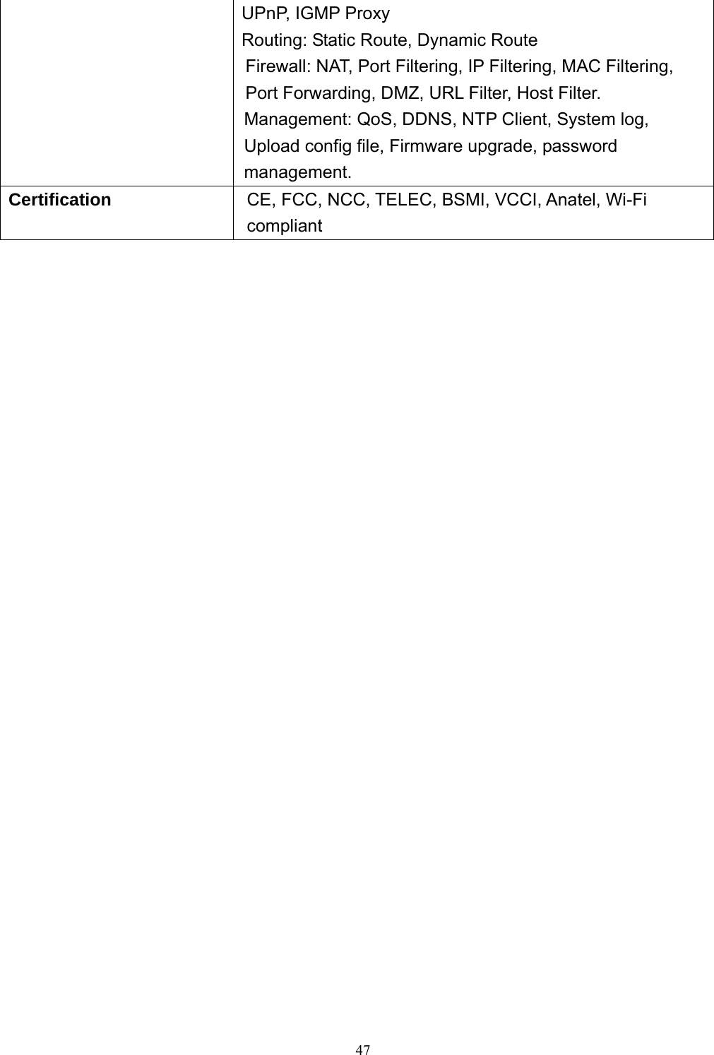  47UPnP, IGMP Proxy Routing: Static Route, Dynamic Route Firewall: NAT, Port Filtering, IP Filtering, MAC Filtering, Port Forwarding, DMZ, URL Filter, Host Filter. Management: QoS, DDNS, NTP Client, System log, Upload config file, Firmware upgrade, password management. Certification  CE, FCC, NCC, TELEC, BSMI, VCCI, Anatel, Wi-Fi compliant   