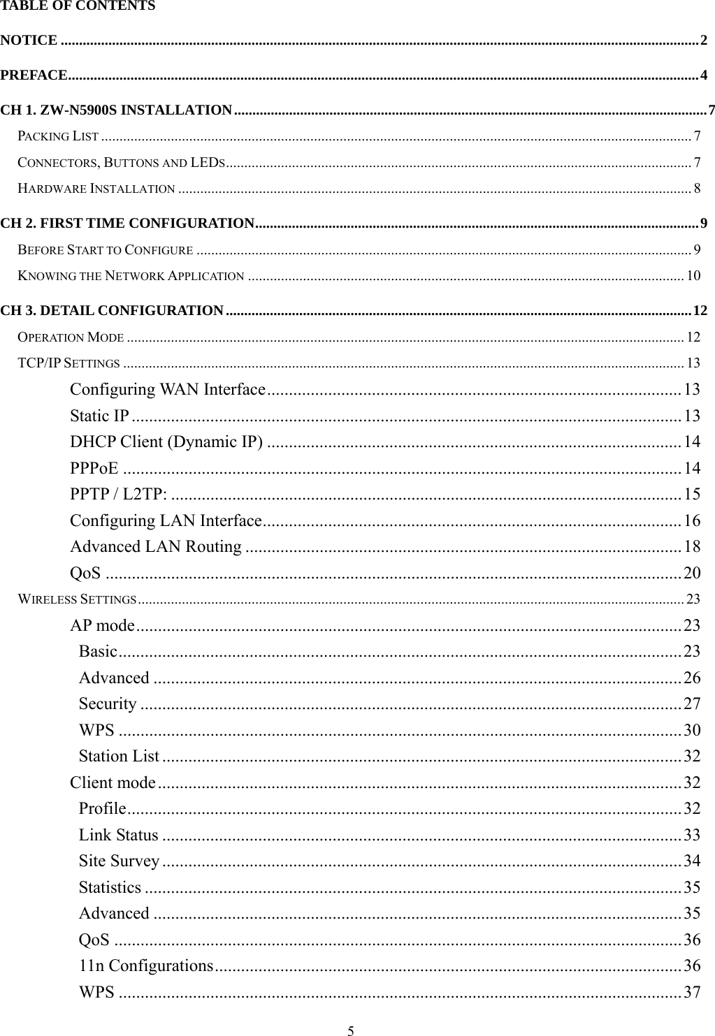  5TABLE OF CONTENTS NOTICE ..............................................................................................................................................................................2 PREFACE............................................................................................................................................................................4 CH 1. ZW-N5900S INSTALLATION.................................................................................................................................7 PACKING LIST ................................................................................................................................................................. 7 CONNECTORS, BUTTONS AND LEDS............................................................................................................................... 7 HARDWARE INSTALLATION ............................................................................................................................................ 8 CH 2. FIRST TIME CONFIGURATION.........................................................................................................................9 BEFORE START TO CONFIGURE ....................................................................................................................................... 9 KNOWING THE NETWORK APPLICATION ....................................................................................................................... 10 CH 3. DETAIL CONFIGURATION...............................................................................................................................12 OPERATION MODE ........................................................................................................................................................ 12 TCP/IP SETTINGS ......................................................................................................................................................... 13 Configuring WAN Interface...............................................................................................13 Static IP ..............................................................................................................................13 DHCP Client (Dynamic IP) ...............................................................................................14 PPPoE ................................................................................................................................14 PPTP / L2TP: .....................................................................................................................15 Configuring LAN Interface................................................................................................16 Advanced LAN Routing ....................................................................................................18 QoS ....................................................................................................................................20 WIRELESS SETTINGS..................................................................................................................................................... 23 AP mode.............................................................................................................................23 Basic.................................................................................................................................23 Advanced .........................................................................................................................26 Security ............................................................................................................................27 WPS .................................................................................................................................30 Station List .......................................................................................................................32 Client mode........................................................................................................................32 Profile...............................................................................................................................32 Link Status .......................................................................................................................33 Site Survey .......................................................................................................................34 Statistics ...........................................................................................................................35 Advanced .........................................................................................................................35 QoS ..................................................................................................................................36 11n Configurations...........................................................................................................36 WPS .................................................................................................................................37 