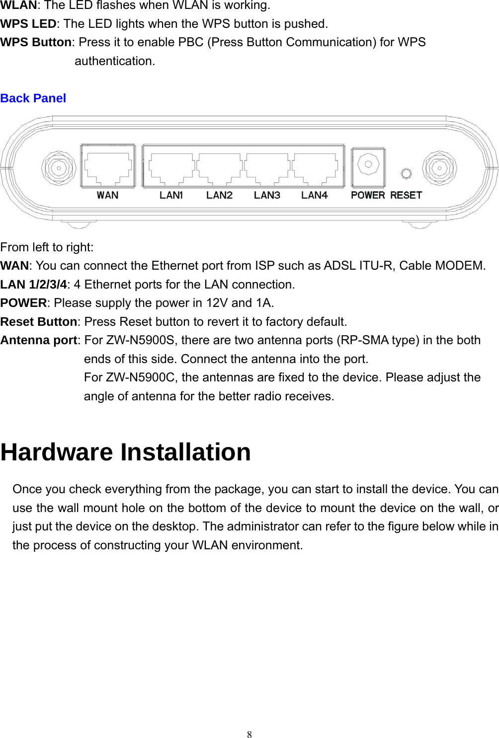  8WLAN: The LED flashes when WLAN is working. WPS LED: The LED lights when the WPS button is pushed. WPS Button: Press it to enable PBC (Press Button Communication) for WPS authentication.  Back Panel  From left to right: WAN: You can connect the Ethernet port from ISP such as ADSL ITU-R, Cable MODEM. LAN 1/2/3/4: 4 Ethernet ports for the LAN connection. POWER: Please supply the power in 12V and 1A. Reset Button: Press Reset button to revert it to factory default. Antenna port: For ZW-N5900S, there are two antenna ports (RP-SMA type) in the both ends of this side. Connect the antenna into the port. For ZW-N5900C, the antennas are fixed to the device. Please adjust the angle of antenna for the better radio receives.  Hardware Installation Once you check everything from the package, you can start to install the device. You can use the wall mount hole on the bottom of the device to mount the device on the wall, or just put the device on the desktop. The administrator can refer to the figure below while in the process of constructing your WLAN environment. 