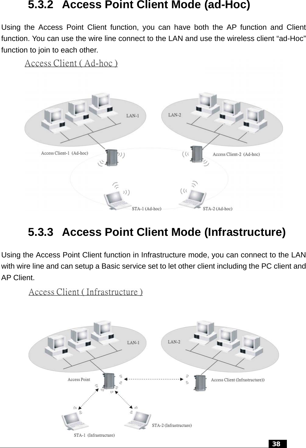 5.3.2  Access Point Client Mode (ad-Hoc) Using the Access Point Client function, you can have both the AP function and Client function. You can use the wire line connect to the LAN and use the wireless client “ad-Hoc” function to join to each other.  5.3.3  Access Point Client Mode (Infrastructure) Using the Access Point Client function in Infrastructure mode, you can connect to the LAN with wire line and can setup a Basic service set to let other client including the PC client and AP Client.   38   