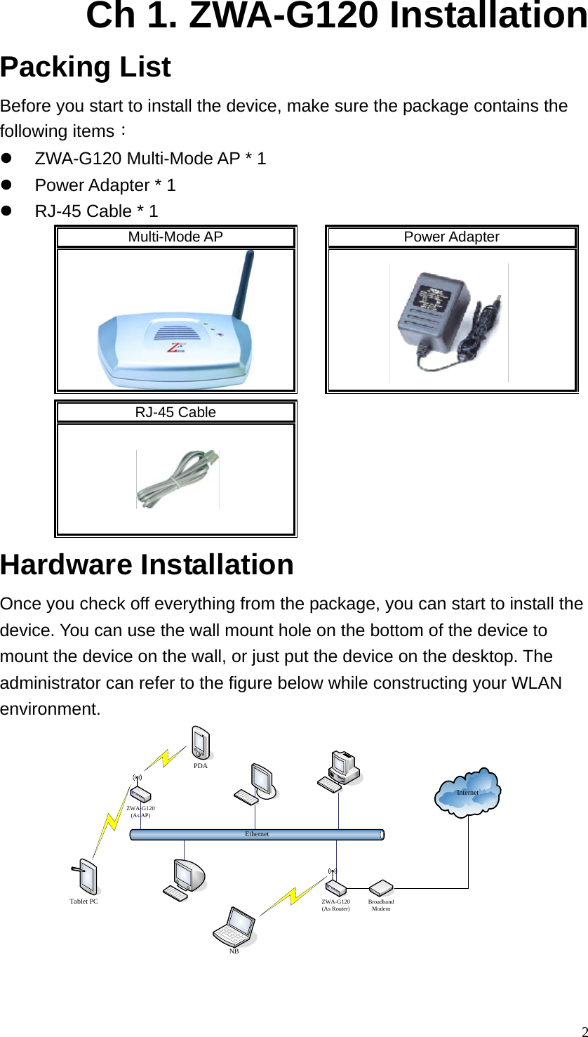  2Ch 1. ZWA-G120 Installation Packing List Before you start to install the device, make sure the package contains the following items： z  ZWA-G120 Multi-Mode AP * 1 z  Power Adapter * 1 z  RJ-45 Cable * 1 Multi-Mode AP    Power Adapter        RJ-45 Cable         Hardware Installation Once you check off everything from the package, you can start to install the device. You can use the wall mount hole on the bottom of the device to mount the device on the wall, or just put the device on the desktop. The administrator can refer to the figure below while constructing your WLAN environment. InternetEthernetZWA-G120(As AP)Tablet PCNBPDAZWA-G120(As Router) BroadbandModem 