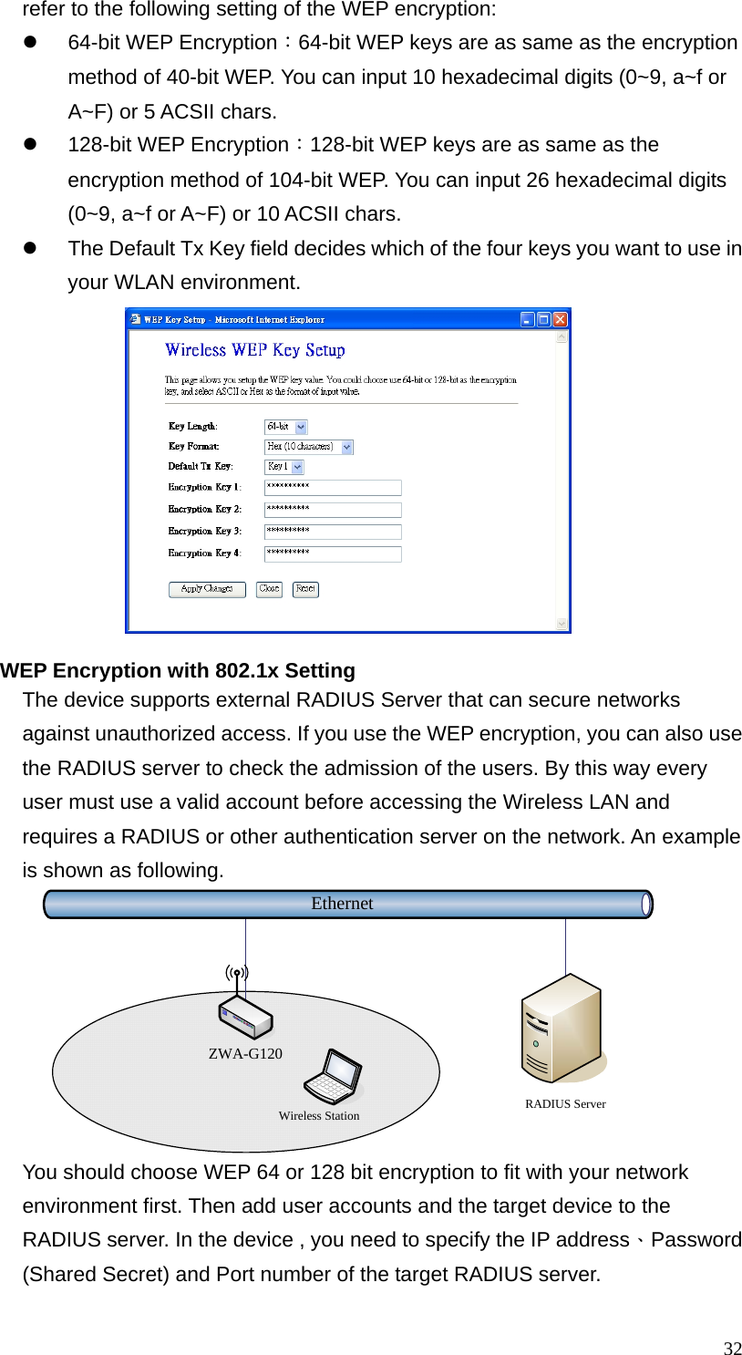  32refer to the following setting of the WEP encryption: z  64-bit WEP Encryption：64-bit WEP keys are as same as the encryption method of 40-bit WEP. You can input 10 hexadecimal digits (0~9, a~f or A~F) or 5 ACSII chars. z  128-bit WEP Encryption：128-bit WEP keys are as same as the encryption method of 104-bit WEP. You can input 26 hexadecimal digits (0~9, a~f or A~F) or 10 ACSII chars. z  The Default Tx Key field decides which of the four keys you want to use in your WLAN environment.  WEP Encryption with 802.1x Setting The device supports external RADIUS Server that can secure networks against unauthorized access. If you use the WEP encryption, you can also use the RADIUS server to check the admission of the users. By this way every user must use a valid account before accessing the Wireless LAN and requires a RADIUS or other authentication server on the network. An example is shown as following. EthernetRADIUS ServerWireless StationZWA-G120 You should choose WEP 64 or 128 bit encryption to fit with your network environment first. Then add user accounts and the target device to the RADIUS server. In the device , you need to specify the IP address、Password (Shared Secret) and Port number of the target RADIUS server. 