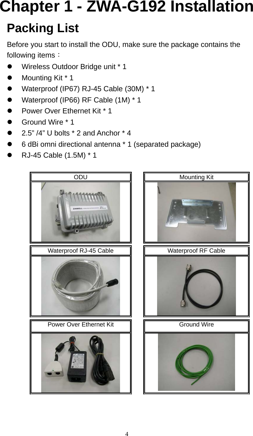  4Chapter 1 - ZWA-G192 Installation Packing List Before you start to install the ODU, make sure the package contains the following items： z  Wireless Outdoor Bridge unit * 1 z  Mounting Kit * 1 z  Waterproof (IP67) RJ-45 Cable (30M) * 1 z  Waterproof (IP66) RF Cable (1M) * 1 z  Power Over Ethernet Kit * 1 z  Ground Wire * 1 z  2.5” /4” U bolts * 2 and Anchor * 4 z  6 dBi omni directional antenna * 1 (separated package) z  RJ-45 Cable (1.5M) * 1  ODU  Mounting Kit    1     Waterproof RJ-45 Cable    Waterproof RF Cable         Power Over Ethernet Kit    Ground Wire      