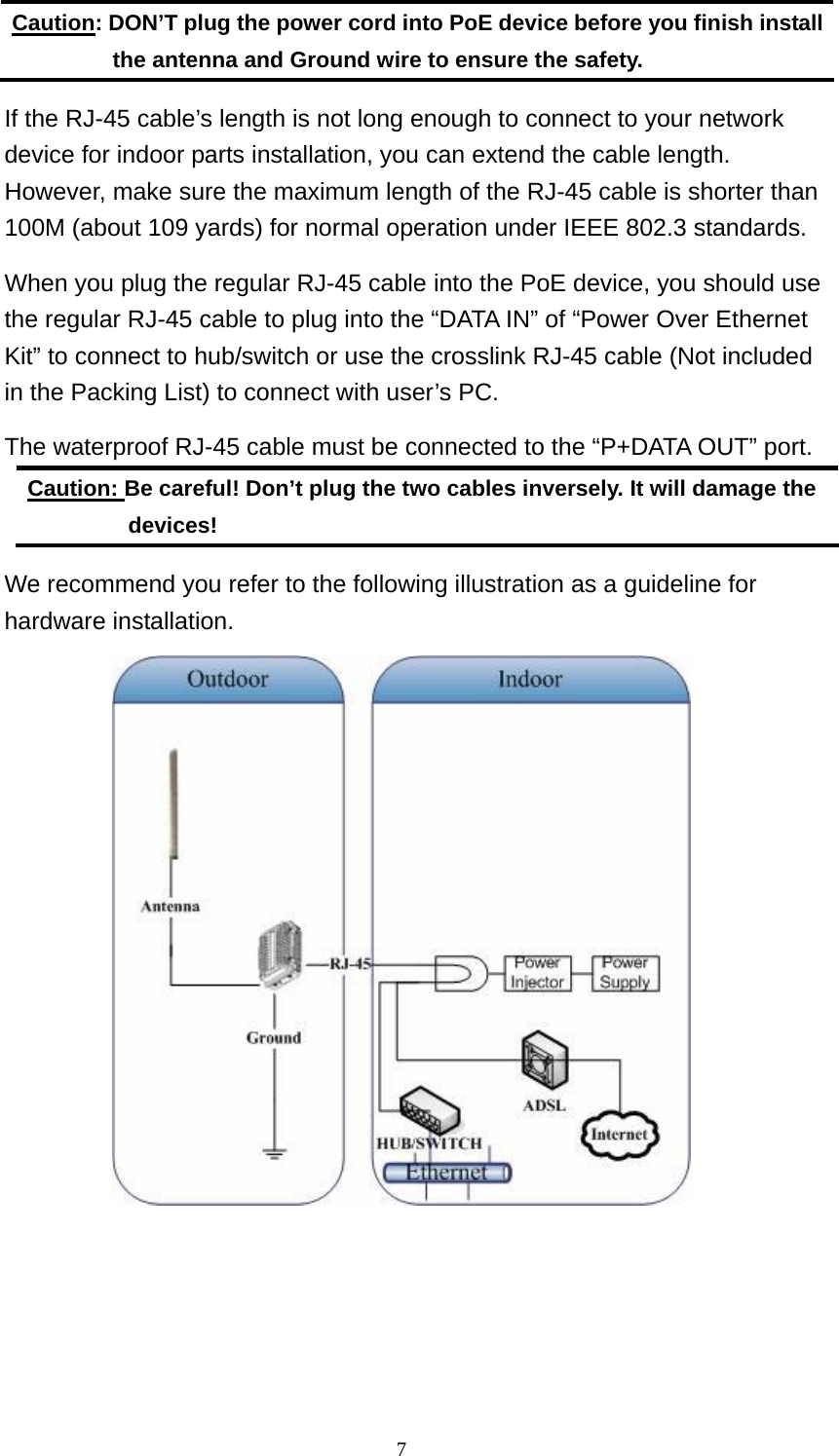  7If the RJ-45 cable’s length is not long enough to connect to your network device for indoor parts installation, you can extend the cable length.   However, make sure the maximum length of the RJ-45 cable is shorter than 100M (about 109 yards) for normal operation under IEEE 802.3 standards. When you plug the regular RJ-45 cable into the PoE device, you should use the regular RJ-45 cable to plug into the “DATA IN” of “Power Over Ethernet Kit” to connect to hub/switch or use the crosslink RJ-45 cable (Not included in the Packing List) to connect with user’s PC. The waterproof RJ-45 cable must be connected to the “P+DATA OUT” port. Caution: Be careful! Don’t plug the two cables inversely. It will damage the devices! We recommend you refer to the following illustration as a guideline for hardware installation.  Caution: DON’T plug the power cord into PoE device before you finish install the antenna and Ground wire to ensure the safety. 