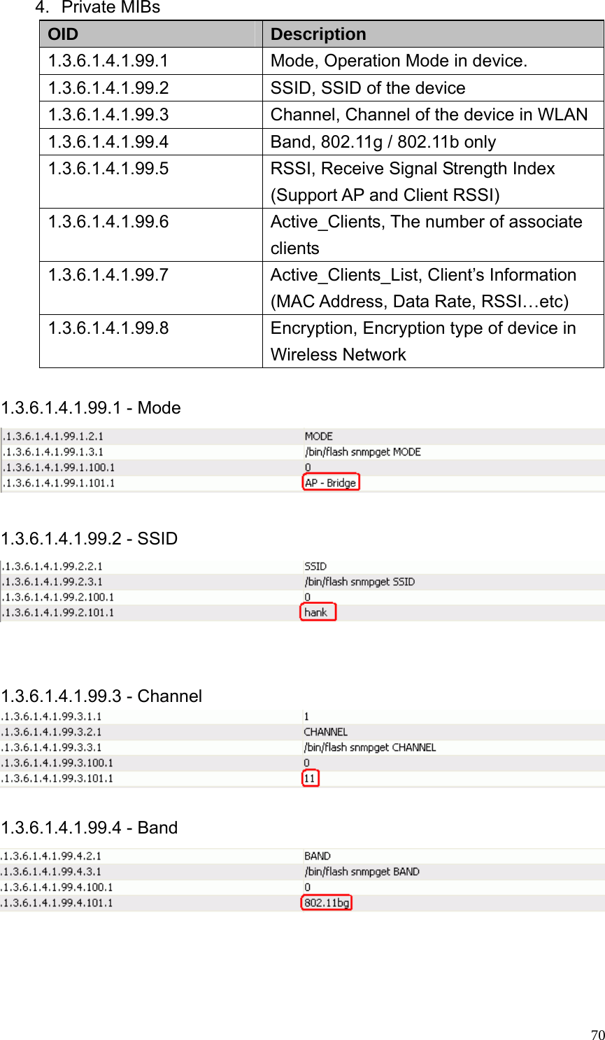  704. Private MIBs OID  Description 1.3.6.1.4.1.99.1 Mode, Operation Mode in device. 1.3.6.1.4.1.99.2 SSID, SSID of the device 1.3.6.1.4.1.99.3 Channel, Channel of the device in WLAN 1.3.6.1.4.1.99.4  Band, 802.11g / 802.11b only   1.3.6.1.4.1.99.5 RSSI, Receive Signal Strength Index (Support AP and Client RSSI) 1.3.6.1.4.1.99.6 Active_Clients, The number of associate clients  1.3.6.1.4.1.99.7 Active_Clients_List, Client’s Information (MAC Address, Data Rate, RSSI…etc) 1.3.6.1.4.1.99.8 Encryption, Encryption type of device in Wireless Network    1.3.6.1.4.1.99.1 - Mode   1.3.6.1.4.1.99.2 - SSID    1.3.6.1.4.1.99.3 - Channel   1.3.6.1.4.1.99.4 - Band     