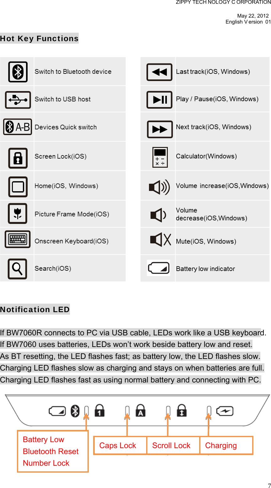 ZIPPY TECH NOLOGY C ORPORATION  May 22, 2012 English V ersion 01   7Hot Key Functions                       Notification LED  If BW7060R connects to PC via USB cable, LEDs work like a USB keyboard. If BW7060 uses batteries, LEDs won’t work beside battery low and reset. As BT resetting, the LED flashes fast; as battery low, the LED flashes slow. Charging LED flashes slow as charging and stays on when batteries are full. Charging LED flashes fast as using normal battery and connecting with PC.     Battery Low Bluetooth Reset Number Lock Caps Lock  Scroll Lock  Charging 