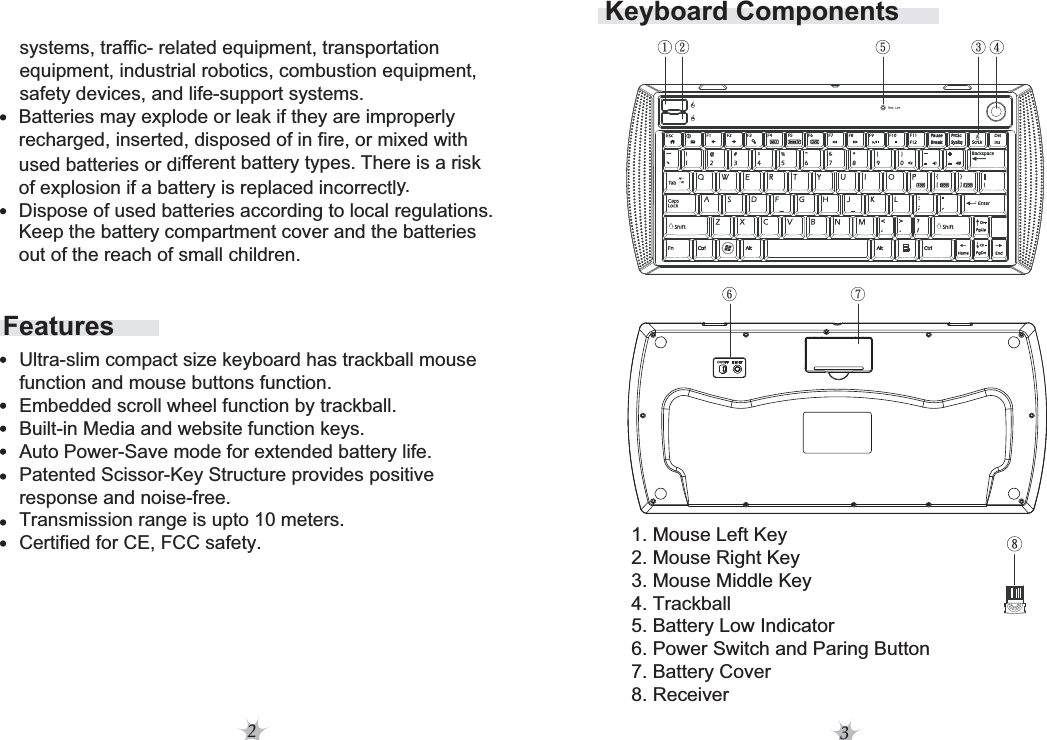 23Features     systems, traffic- related equipment, transportation      equipment, industrial robotics, combustion equipment,       safety devices, and life-support systems.   Batteries may explode or leak if they are improperly  recharged, inserted, disposed of in fire, or mixed with   used batteries or different battery types. There is a risk  of explosion if a battery is replaced incorrectly.  Dispose of used batteries according to local regulations.  Keep the battery compartment cover and the batteries  out of the reach of small children.Ultra-slim compact size keyboard has trackball mouse function and mouse buttons function.Embedded scroll wheel function by trackball.Built-in Media and website function keys.Auto Power-Save mode for extended battery life.Patented Scissor-Key Structure provides positive response and noise-free.Transmission range is upto 10 meters. Certified for CE, FCC safety.Keyboard Components1. Mouse Left Key2. Mouse Right Key3. Mouse Middle Key4. Trackball5. Battery Low Indicator6. Power Switch and Paring Button7. Battery Cover8. Receiver5962 4387