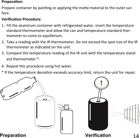  14 Preparaon: Prepare container by painng or applying the mae material to the outer sur-face. Vericaon Procedure: 1. Fill the aluminum container with refrigerated water, insert the temperature standard thermometer and allow the can and temperature-standard ther-mometer to come to equilibrium.2. Take a reading with the IR thermometer. Do not exceed the spot size of the IRthermometer as indicated on the unit.3. Compare the temperature reading of the IR unit with the temperature stand-ard thermometer *.4. Repeat this procedure using hot water.* If the temperature deviaon exceeds accuracy limit, return the unit for repair.Preparation Verification 