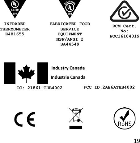 19 FABRICATED FOOD SERVICE  EQUIPMENT NSF/ANSI 2 SA44549 INFRARED THERMOMETER E481655 Industry Canada Industrie Canada IC: 21861-THB4002 RCM Cert. No: POC16104019 FCC ID:2AE6ATHB4002 