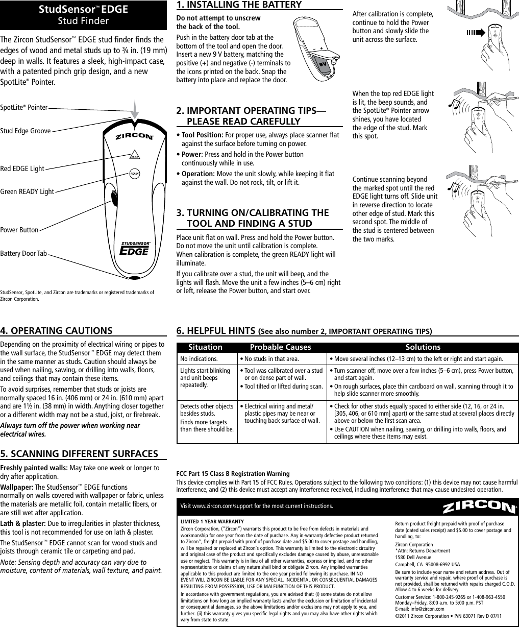 Page 1 of 3 - Zircon Zircon-Studsensor-Edge-Owner-S-Manual