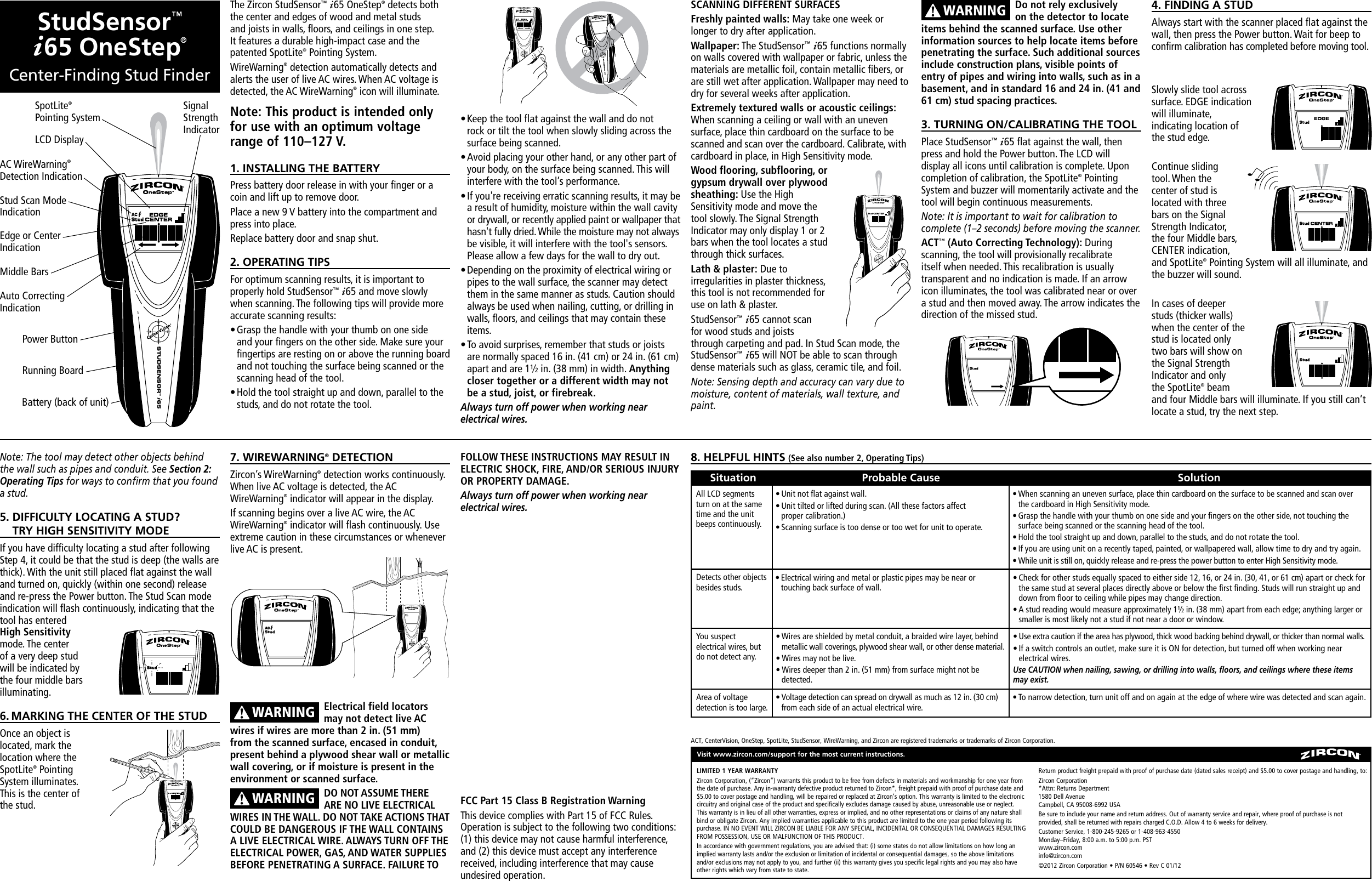 Page 1 of 3 - Zircon Zircon-Studsensor-I65-Onestep-Owner-S-Manual