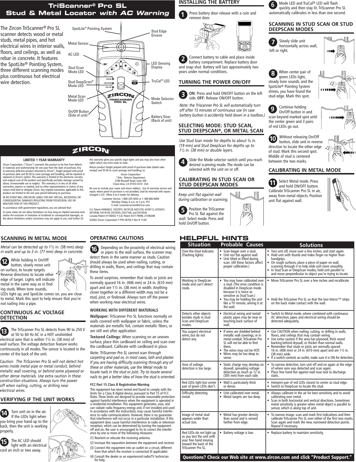 Page 1 of 2 - Zircon Zircon-Triscanner-Pro-Sl-Owner-S-Manual 58756B TS Pro SL Inst