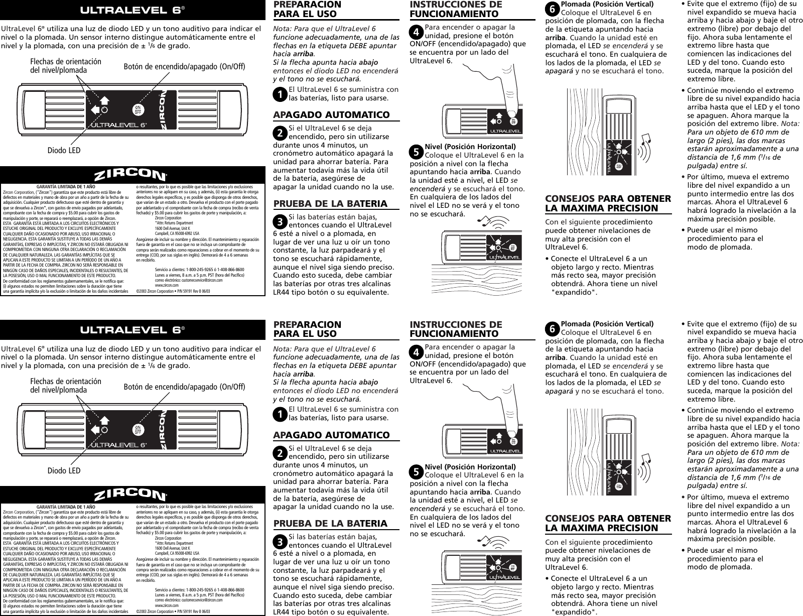 Page 2 of 2 - Zircon Zircon-Ultralevel-6-Owner-S-Manual 59191 UL 6 Inst RevB