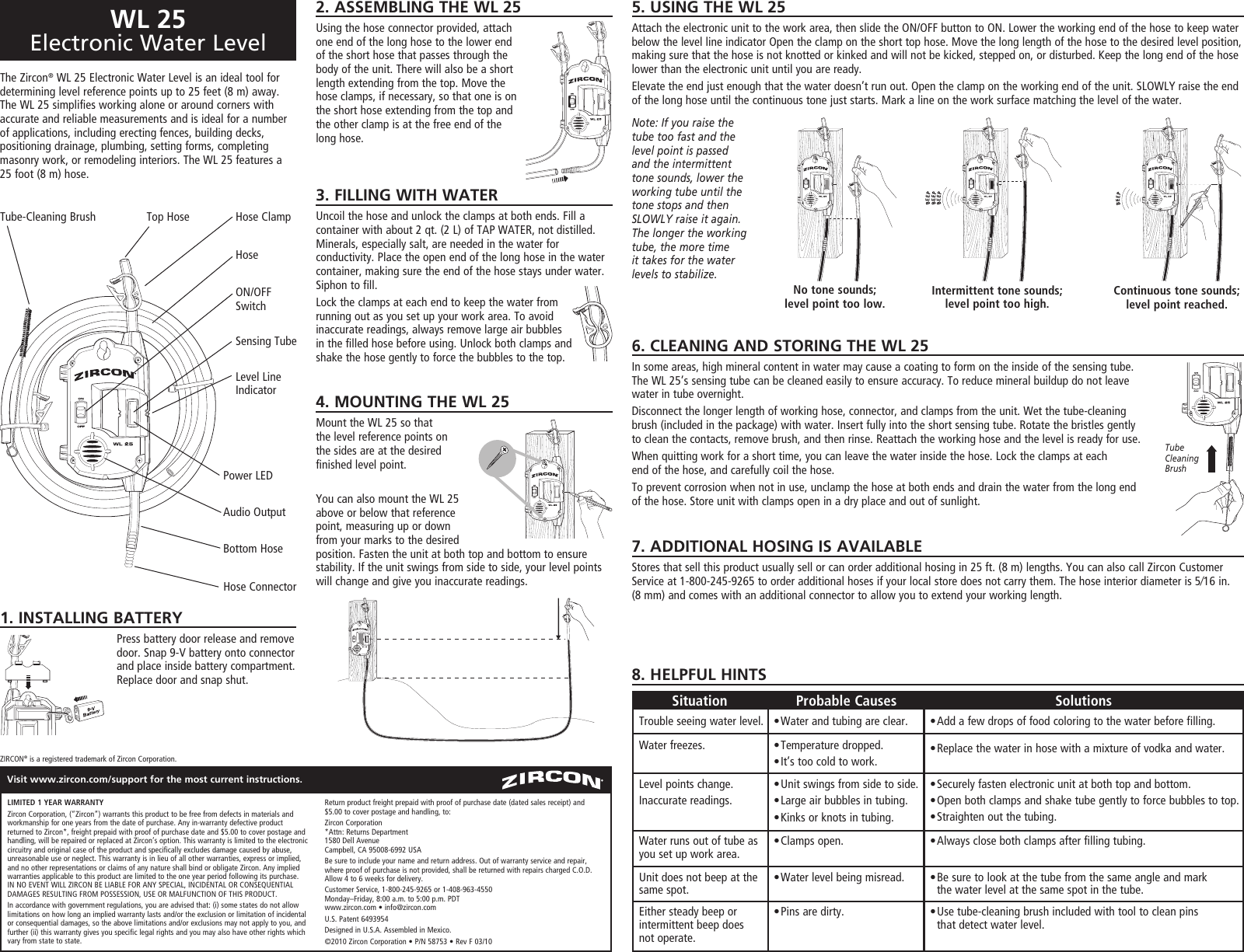 Page 1 of 3 - Zircon Zircon-Wl25-Water-Level-Owner-S-Manual 58753D WL 25 Inst