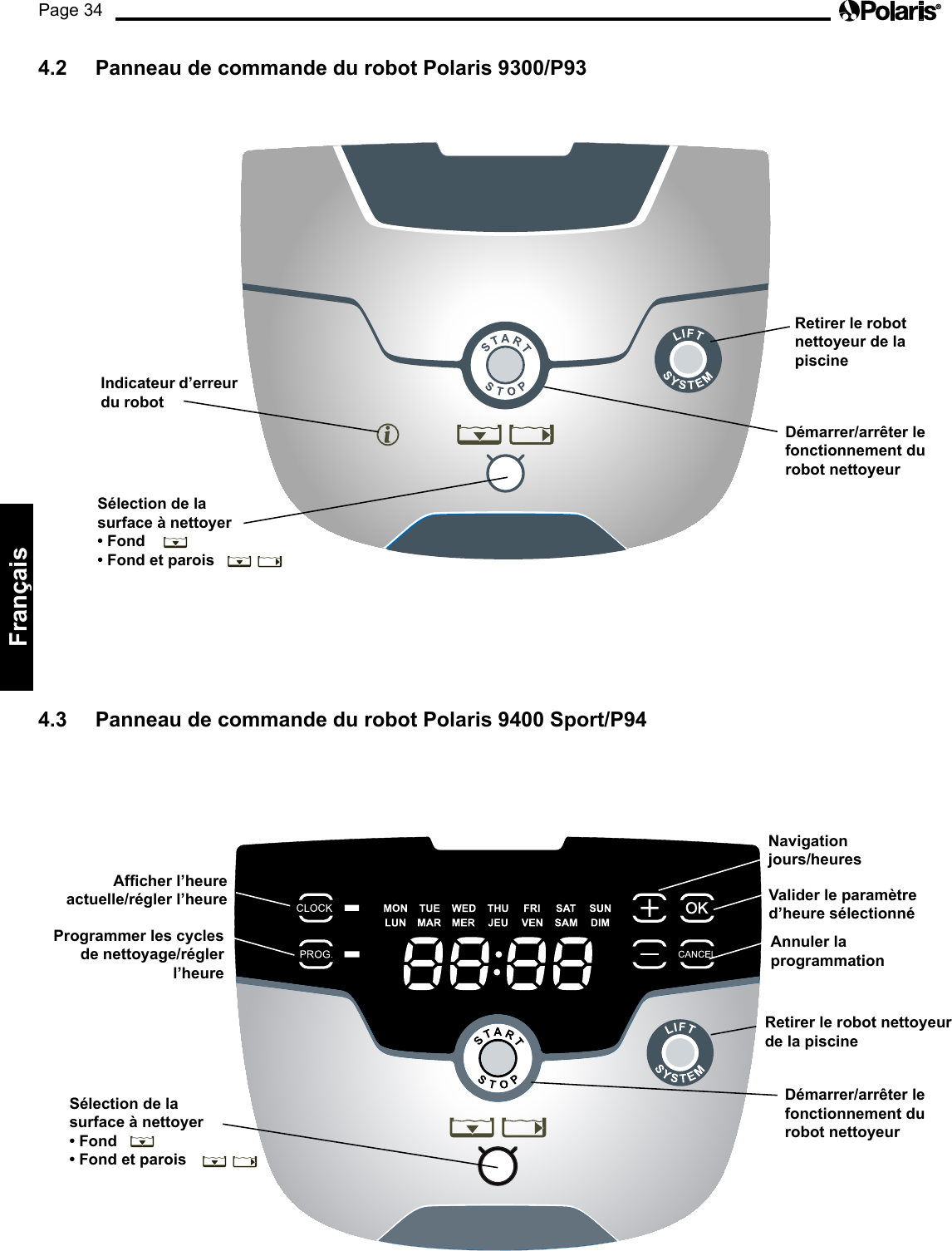 Page 34Français 4.2 Panneau de commande du robot Polaris 9300/P93 Sélection de la surface à nettoyer • Fond • Fond et parois Démarrer/arrêter le fonctionnement du robot nettoyeur Retirer le robot nettoyeur de la piscine Indicateur d’erreur du robot 4.3 Panneau de commande du robot Polaris 9400 Sport/P94 Afcher l’heure actuelle/régler l’heure Programmer les cycles de nettoyage/régler l’heure Navigation jours/heures Retirer le robot nettoyeur de la piscine Démarrer/arrêter le fonctionnement du robot nettoyeur Annuler la programmation Valider le paramètre d’heure sélectionné Sélection de la surface à nettoyer • Fond • Fond et parois