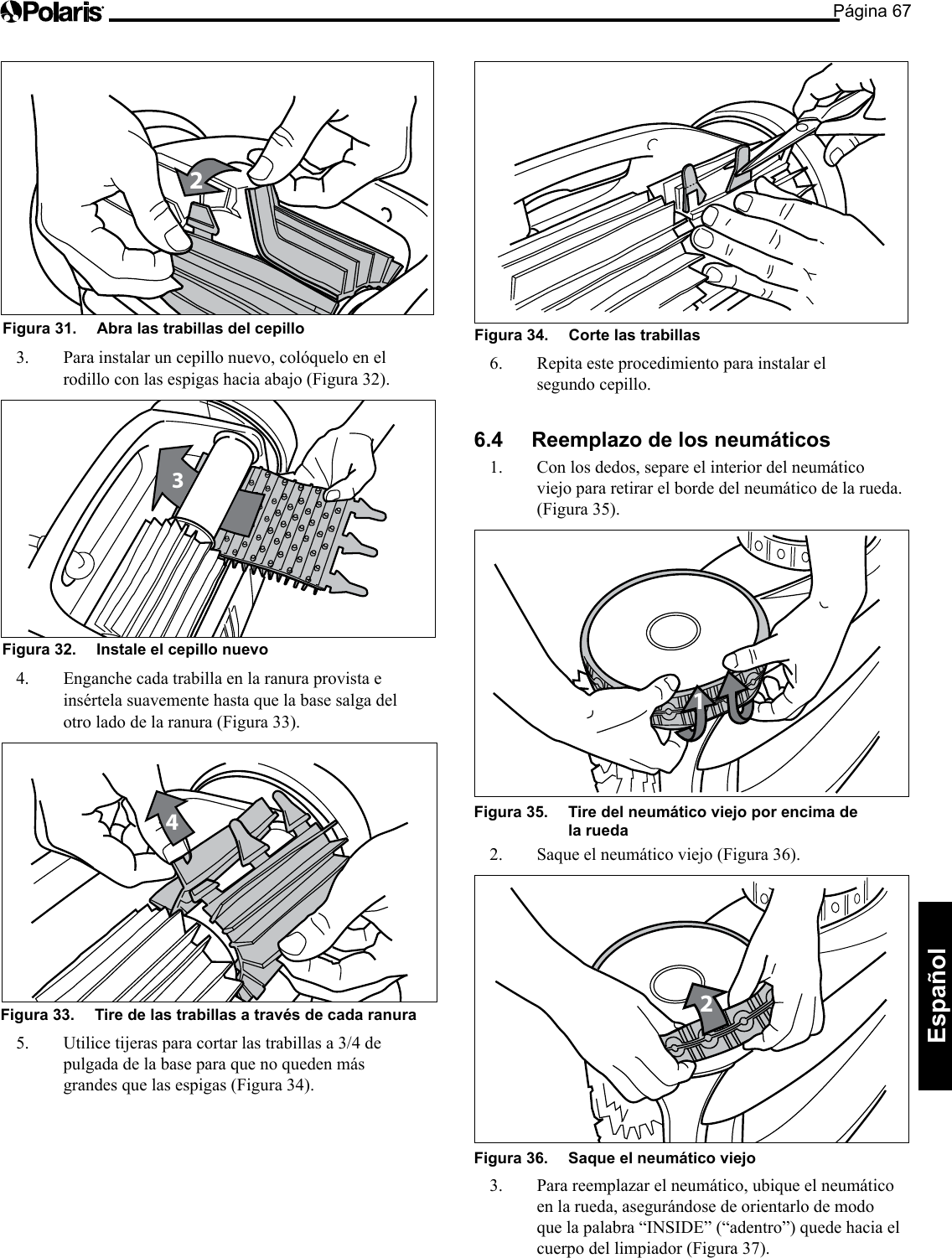 Página 67Español 2Figura 31. Abra las trabillas del cepillo 3. Para instalar un cepillo nuevo, colóquelo en el rodillo con las espigas hacia abajo (Figura 32). 3Figura 32. Instale el cepillo nuevo 4. Enganche cada trabilla en la ranura provista e insértela suavemente hasta que la base salga del otro lado de la ranura (Figura 33). 4Figura 33. Tire de las trabillas a través de cada ranura 5. Utilicetijerasparacortarlastrabillasa3/4depulgada de la base para que no queden más grandes que las espigas (Figura 34). Figura 34. Corte las trabillas 6. Repita este procedimiento para instalar el segundo cepillo. 6.4 Reemplazo de los neumáticos 1. Con los dedos, separe el interior del neumático viejo para retirar el borde del neumático de la rueda. (Figura35).1Figura 35. Tire del neumático viejo por encima de la rueda 2. Saque el neumático viejo (Figura 36). 2Figura 36. Saque el neumático viejo 3. Para reemplazar el neumático, ubique el neumático en la rueda, asegurándose de orientarlo de modo quelapalabra“INSIDE”(“adentro”)quedehaciaelcuerpo del limpiador (Figura 37).
