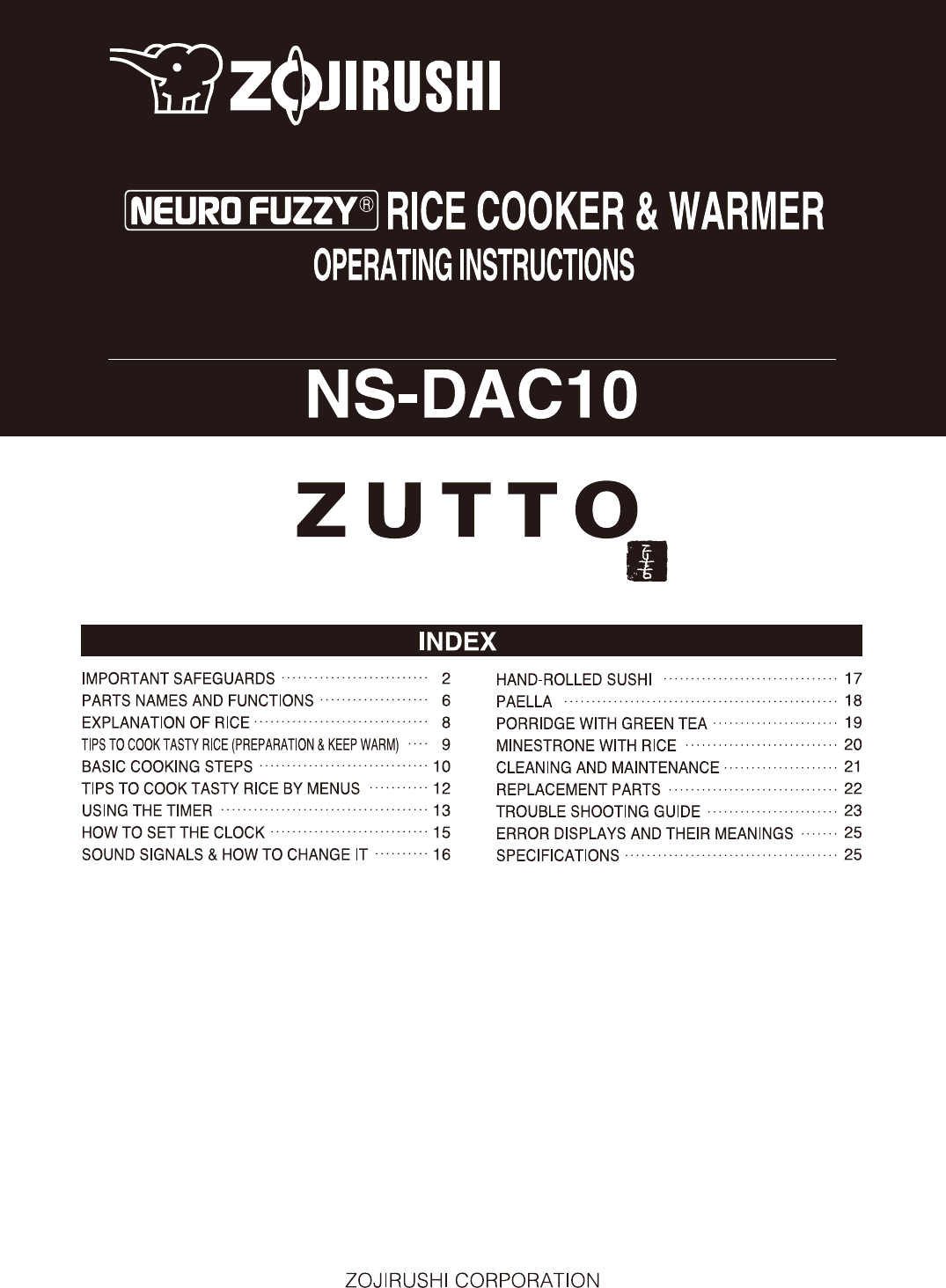 Zojirushi Ns Dac10 Owner S Manual Nsdac01