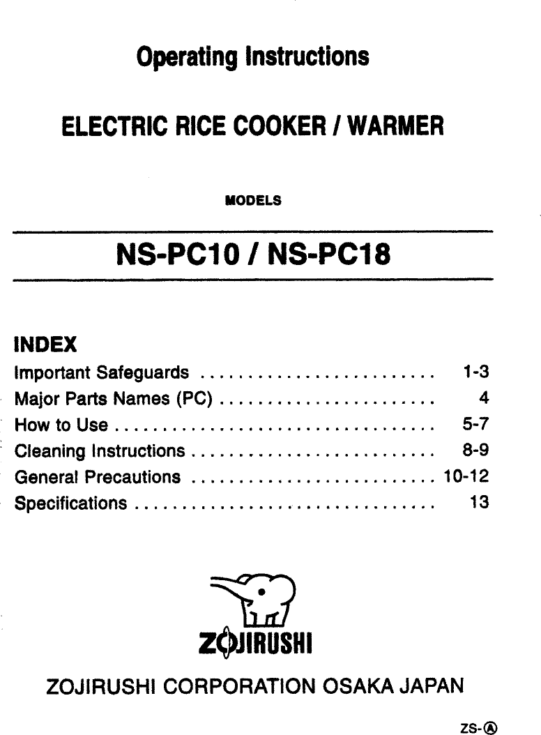Zojirushi Rice Cooker Ns Pc10 Users Manual