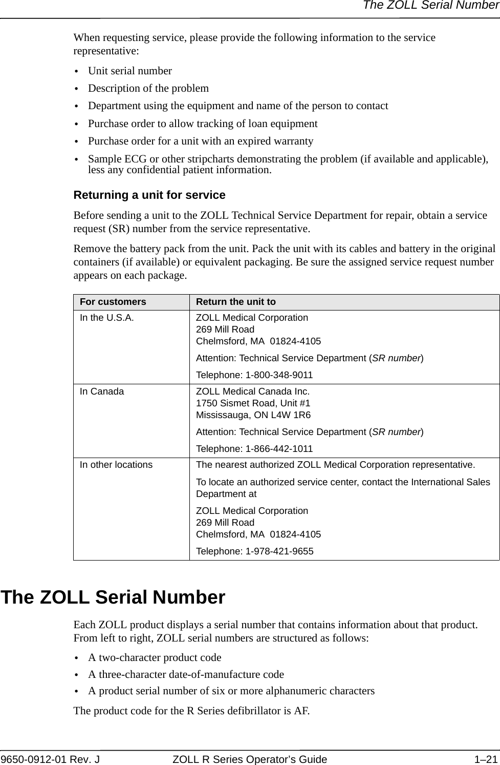 The ZOLL Serial Number9650-0912-01 Rev. J ZOLL R Series Operator’s Guide 1–21When requesting service, please provide the following information to the service representative:•Unit serial number•Description of the problem•Department using the equipment and name of the person to contact•Purchase order to allow tracking of loan equipment•Purchase order for a unit with an expired warranty•Sample ECG or other stripcharts demonstrating the problem (if available and applicable), less any confidential patient information.Returning a unit for serviceBefore sending a unit to the ZOLL Technical Service Department for repair, obtain a service request (SR) number from the service representative.Remove the battery pack from the unit. Pack the unit with its cables and battery in the original containers (if available) or equivalent packaging. Be sure the assigned service request number appears on each package.The ZOLL Serial NumberEach ZOLL product displays a serial number that contains information about that product. From left to right, ZOLL serial numbers are structured as follows:•A two-character product code•A three-character date-of-manufacture code•A product serial number of six or more alphanumeric charactersThe product code for the R Series defibrillator is AF.For customers Return the unit toIn the U.S.A. ZOLL Medical Corporation269 Mill RoadChelmsford, MA 01824-4105Attention: Technical Service Department (SR number)Telephone: 1-800-348-9011In Canada ZOLL Medical Canada Inc.1750 Sismet Road, Unit #1Mississauga, ON L4W 1R6Attention: Technical Service Department (SR number)Telephone: 1-866-442-1011In other locations The nearest authorized ZOLL Medical Corporation representative.To locate an authorized service center, contact the International Sales Department atZOLL Medical Corporation269 Mill RoadChelmsford, MA 01824-4105Telephone: 1-978-421-9655