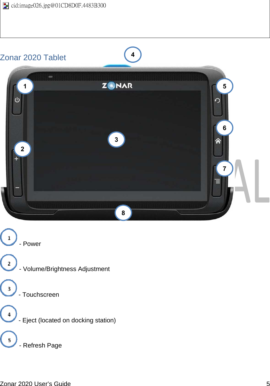  Zonar 2020 User’s Guide    5  cid:image026.jpg@01CD8D0F.4483B300 Zonar 2020 Tablet   - Power  - Volume/Brightness Adjustment  - Touchscreen  - Eject (located on docking station)  - Refresh Page 1 2 345 6 7 8