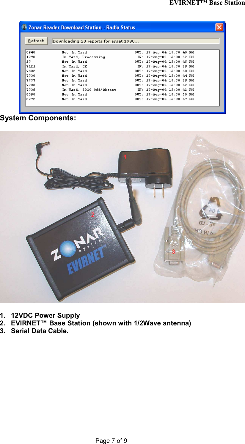 EVIRNET™ Base Station Page 7 of 9  System Components:    1.  12VDC Power Supply 2.  EVIRNET™ Base Station (shown with 1/2Wave antenna) 3.  Serial Data Cable.  