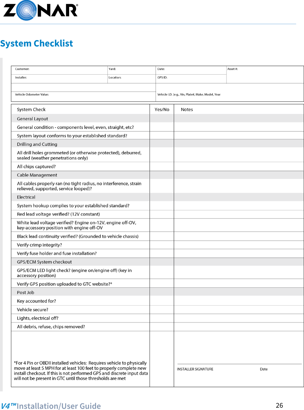  V4™ Installation/User Guide  26 System Checklist  