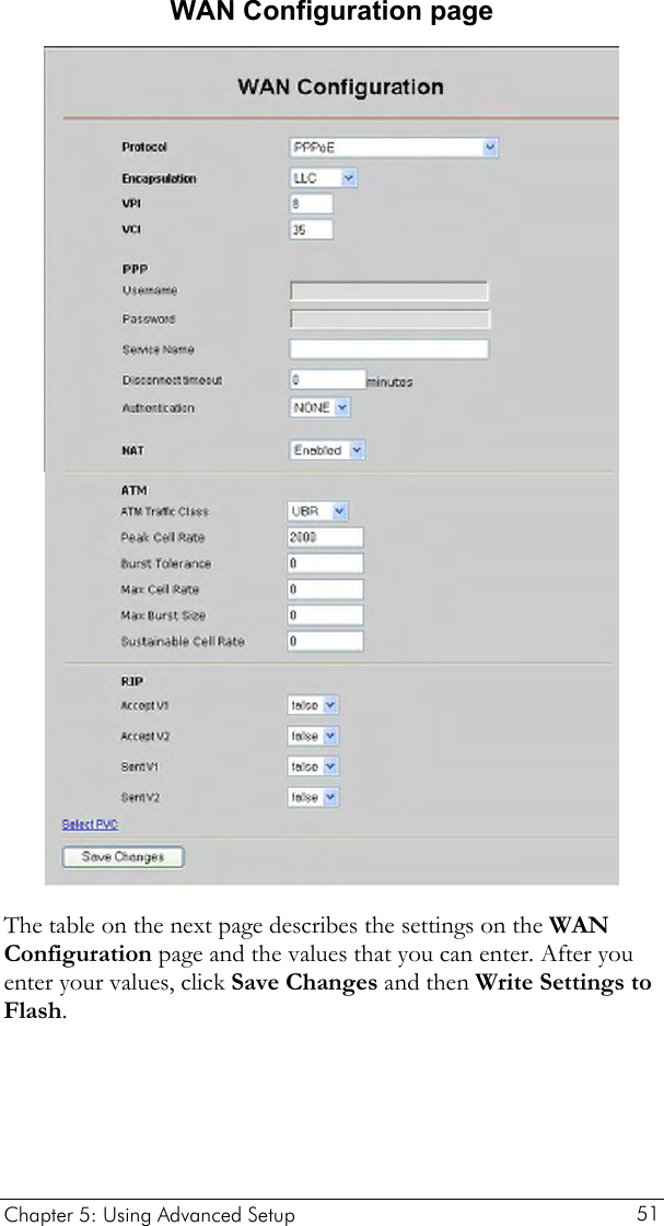  WAN Configuration page   The table on the next page describes the settings on the WAN Configuration page and the values that you can enter. After you enter your values, click Save Changes and then Write Settings to Flash.  Chapter 5: Using Advanced Setup     51 