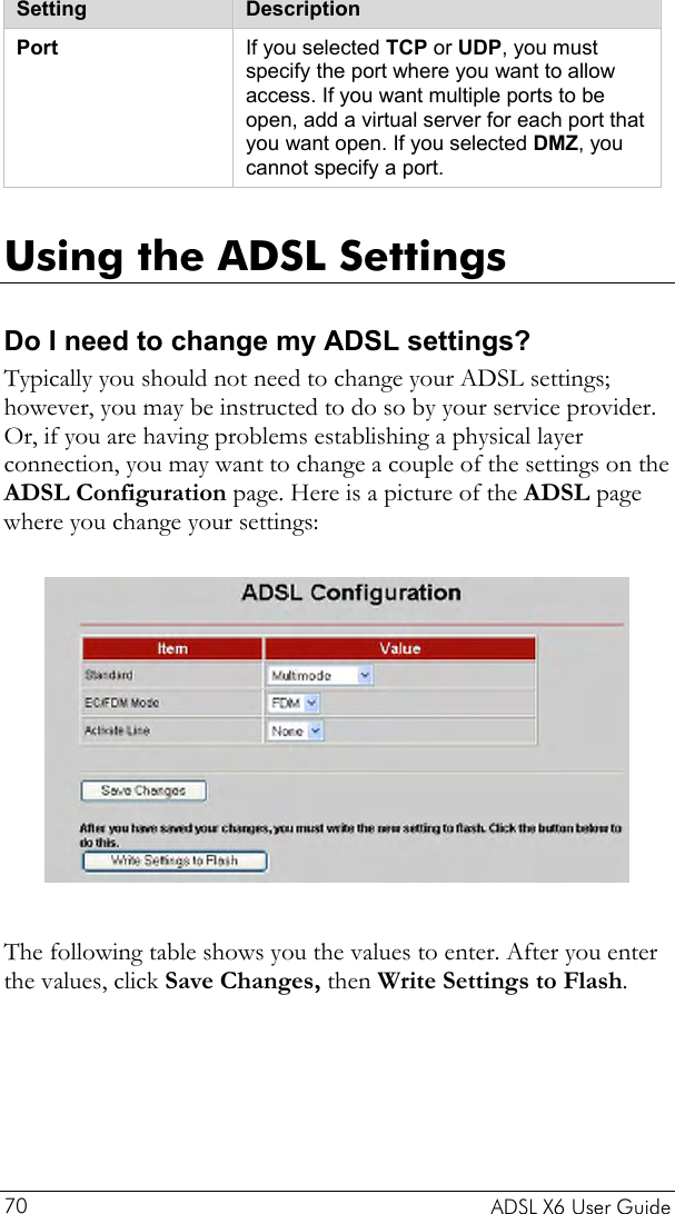   Setting  Description Port  If you selected TCP or UDP, you must specify the port where you want to allow access. If you want multiple ports to be open, add a virtual server for each port that you want open. If you selected DMZ, you cannot specify a port.    Using the ADSL Settings  Do I need to change my ADSL settings? Typically you should not need to change your ADSL settings; however, you may be instructed to do so by your service provider. Or, if you are having problems establishing a physical layer connection, you may want to change a couple of the settings on the ADSL Configuration page. Here is a picture of the ADSL page where you change your settings:    The following table shows you the values to enter. After you enter the values, click Save Changes, then Write Settings to Flash.   ADSL X6 User Guide 70 