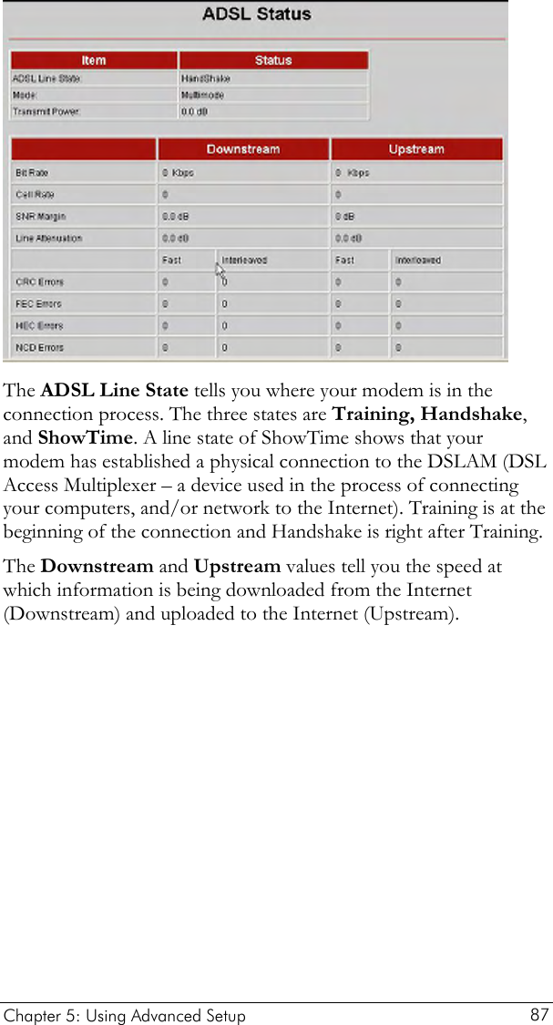   The ADSL Line State tells you where your modem is in the connection process. The three states are Training, Handshake, and ShowTime. A line state of ShowTime shows that your modem has established a physical connection to the DSLAM (DSL Access Multiplexer – a device used in the process of connecting your computers, and/or network to the Internet). Training is at the beginning of the connection and Handshake is right after Training.  The Downstream and Upstream values tell you the speed at which information is being downloaded from the Internet (Downstream) and uploaded to the Internet (Upstream).  Chapter 5: Using Advanced Setup     87 