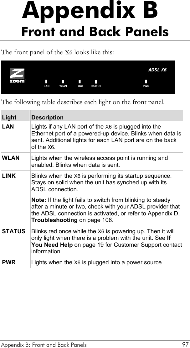 Appendix B Front and Back Panels The front panel of the X6 looks like this:  The following table describes each light on the front panel. Light  Description LAN  Lights if any LAN port of the X6 is plugged into the Ethernet port of a powered-up device. Blinks when data is sent. Additional lights for each LAN port are on the back of the X6. WLAN  Lights when the wireless access point is running and enabled. Blinks when data is sent. LINK  Blinks when the X6 is performing its startup sequence. Stays on solid when the unit has synched up with its ADSL connection. Note: If the light fails to switch from blinking to steady after a minute or two, check with your ADSL provider that the ADSL connection is activated, or refer to Appendix D, Troubleshooting on page 106. STATUS  Blinks red once while the X6 is powering up. Then it will only light when there is a problem with the unit. See If You Need Help on page 19 for Customer Support contact information. PWR  Lights when the X6 is plugged into a power source.  Appendix B: Front and Back Panels     97 