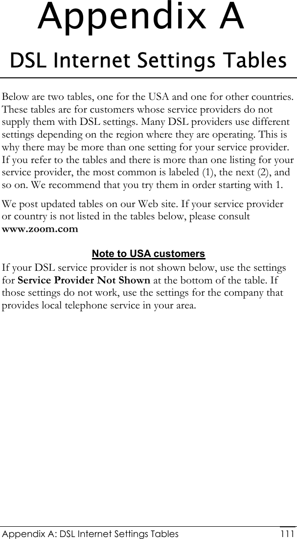  Appendix A: DSL Internet Settings Tables   111Appendix A DSL Internet Settings Tables Below are two tables, one for the USA and one for other countries. These tables are for customers whose service providers do not supply them with DSL settings. Many DSL providers use different settings depending on the region where they are operating. This is why there may be more than one setting for your service provider. If you refer to the tables and there is more than one listing for your service provider, the most common is labeled (1), the next (2), and so on. We recommend that you try them in order starting with 1. We post updated tables on our Web site. If your service provider or country is not listed in the tables below, please consult www.zoom.com Note to USA customers If your DSL service provider is not shown below, use the settings for Service Provider Not Shown at the bottom of the table. If those settings do not work, use the settings for the company that provides local telephone service in your area.  