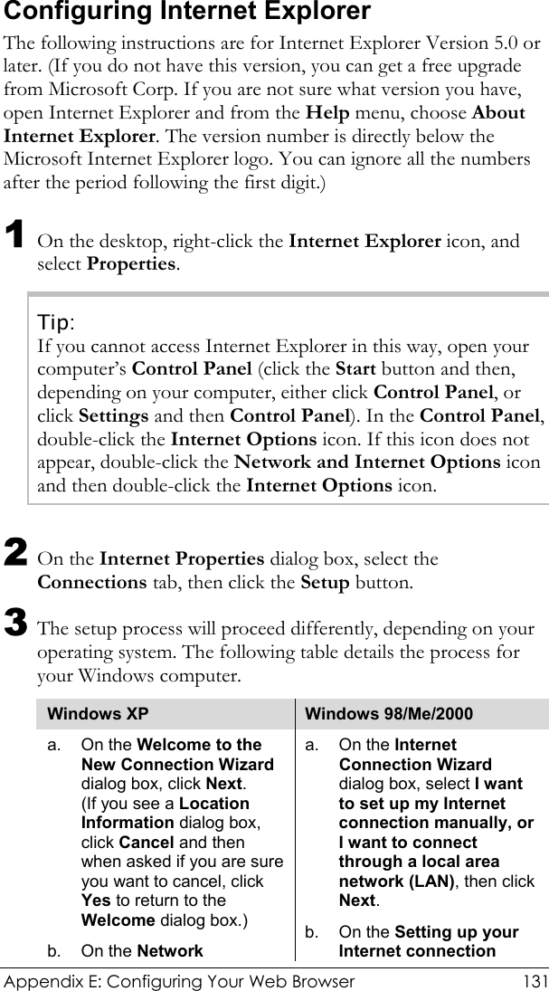  Appendix E: Configuring Your Web Browser  131 Configuring Internet Explorer The following instructions are for Internet Explorer Version 5.0 or later. (If you do not have this version, you can get a free upgrade from Microsoft Corp. If you are not sure what version you have, open Internet Explorer and from the Help menu, choose About Internet Explorer. The version number is directly below the Microsoft Internet Explorer logo. You can ignore all the numbers after the period following the first digit.) 1 On the desktop, right-click the Internet Explorer icon, and select Properties. Tip: If you cannot access Internet Explorer in this way, open your computer’s Control Panel (click the Start button and then, depending on your computer, either click Control Panel, or click Settings and then Control Panel). In the Control Panel, double-click the Internet Options icon. If this icon does not appear, double-click the Network and Internet Options icon and then double-click the Internet Options icon. 2 On the Internet Properties dialog box, select the Connections tab, then click the Setup button. 3 The setup process will proceed differently, depending on your operating system. The following table details the process for your Windows computer. Windows XP  Windows 98/Me/2000 a. On the Welcome to the New Connection Wizard dialog box, click Next.  (If you see a Location Information dialog box, click Cancel and then when asked if you are sure you want to cancel, click Yes to return to the Welcome dialog box.) b. On the Network a. On the Internet Connection Wizard dialog box, select I want to set up my Internet connection manually, or I want to connect through a local area network (LAN), then click Next. b. On the Setting up your Internet connection 