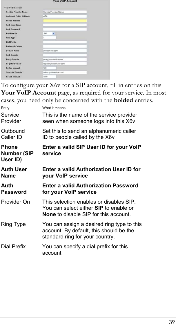  39  To configure your X6v for a SIP account, fill in entries on this Your VoIP Account page, as required for your service. In most cases, you need only be concerned with the bolded entries. Entry What it means Service Provider This is the name of the service provider seen when someone logs into this X6v Outbound Caller ID Set this to send an alphanumeric caller ID to people called by the X6v Phone Number (SIP User ID) Enter a valid SIP User ID for your VoIP service Auth User Name Enter a valid Authorization User ID for your VoIP service Auth Password Enter a valid Authorization Password for your VoIP service Provider On  This selection enables or disables SIP. You can select either SIP to enable or None to disable SIP for this account. Ring Type  You can assign a desired ring type to this account. By default, this should be the standard ring for your country. Dial Prefix  You can specify a dial prefix for this account 