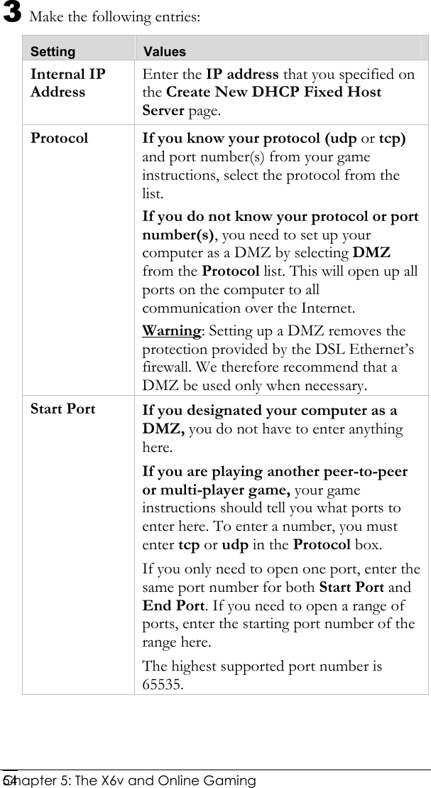  Chapter 5: The X6v and Online Gaming   543 Make the following entries: Setting  Values Internal IP Address Enter the IP address that you specified on the Create New DHCP Fixed Host Server page. Protocol  If you know your protocol (udp or tcp) and port number(s) from your game instructions, select the protocol from the list. If you do not know your protocol or port number(s), you need to set up your computer as a DMZ by selecting DMZ from the Protocol list. This will open up all ports on the computer to all communication over the Internet. Warning: Setting up a DMZ removes the protection provided by the DSL Ethernet’s firewall. We therefore recommend that a DMZ be used only when necessary.  Start Port  If you designated your computer as a DMZ, you do not have to enter anything here. If you are playing another peer-to-peer or multi-player game, your game instructions should tell you what ports to enter here. To enter a number, you must enter tcp or udp in the Protocol box. If you only need to open one port, enter the same port number for both Start Port and End Port. If you need to open a range of ports, enter the starting port number of the range here. The highest supported port number is 65535.  