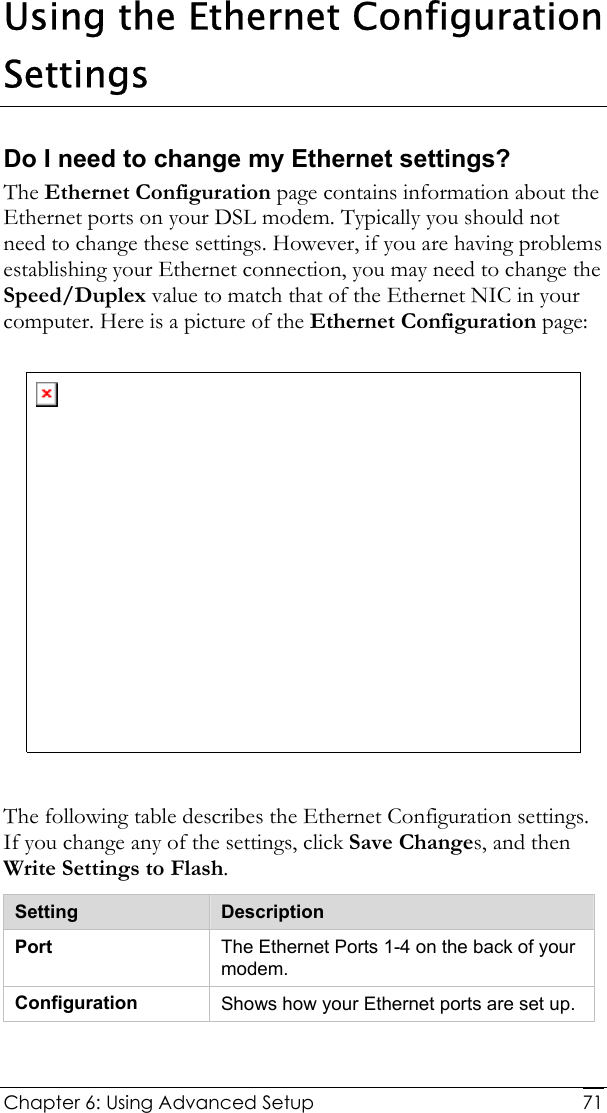  Chapter 6: Using Advanced Setup     71Using the Ethernet Configuration Settings Do I need to change my Ethernet settings? The Ethernet Configuration page contains information about the Ethernet ports on your DSL modem. Typically you should not need to change these settings. However, if you are having problems establishing your Ethernet connection, you may need to change the Speed/Duplex value to match that of the Ethernet NIC in your computer. Here is a picture of the Ethernet Configuration page:   The following table describes the Ethernet Configuration settings. If you change any of the settings, click Save Changes, and then Write Settings to Flash. Setting  Description Port  The Ethernet Ports 1-4 on the back of your modem. Configuration  Shows how your Ethernet ports are set up.  