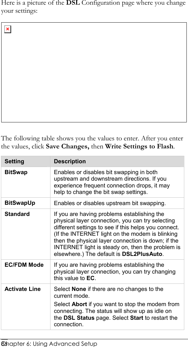  Chapter 6: Using Advanced Setup     86Here is a picture of the DSL Configuration page where you change your settings:    The following table shows you the values to enter. After you enter the values, click Save Changes, then Write Settings to Flash.  Setting  Description BitSwap  Enables or disables bit swapping in both upstream and downstream directions. If you experience frequent connection drops, it may help to change the bit swap settings. BitSwapUp  Enables or disables upstream bit swapping.  Standard  If you are having problems establishing the physical layer connection, you can try selecting different settings to see if this helps you connect. (If the INTERNET light on the modem is blinking then the physical layer connection is down; if the INTERNET light is steady on, then the problem is elsewhere.) The default is DSL2PlusAuto. EC/FDM Mode  If you are having problems establishing the physical layer connection, you can try changing this value to EC. Activate Line  Select None if there are no changes to the current mode. Select Abort if you want to stop the modem from connecting. The status will show up as idle on the DSL Status page. Select Start to restart the connection. 