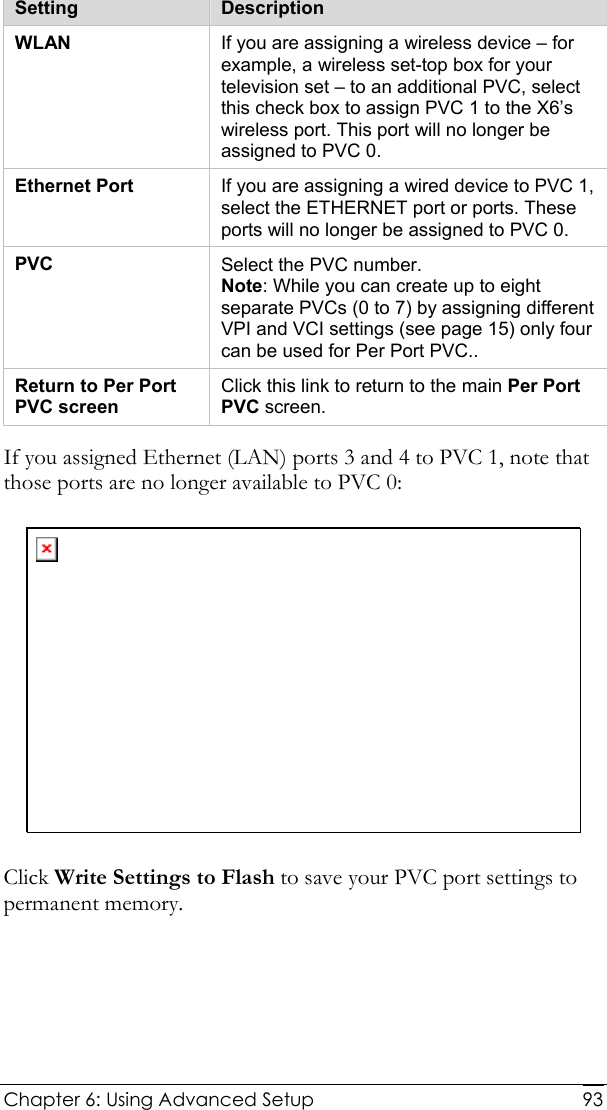  Chapter 6: Using Advanced Setup     93 Setting  Description WLAN  If you are assigning a wireless device – for example, a wireless set-top box for your television set – to an additional PVC, select this check box to assign PVC 1 to the X6’s wireless port. This port will no longer be assigned to PVC 0. Ethernet Port  If you are assigning a wired device to PVC 1, select the ETHERNET port or ports. These ports will no longer be assigned to PVC 0. PVC  Select the PVC number. Note: While you can create up to eight separate PVCs (0 to 7) by assigning different VPI and VCI settings (see page 15) only four can be used for Per Port PVC.. Return to Per Port PVC screen Click this link to return to the main Per Port PVC screen. If you assigned Ethernet (LAN) ports 3 and 4 to PVC 1, note that those ports are no longer available to PVC 0:  Click Write Settings to Flash to save your PVC port settings to permanent memory. 