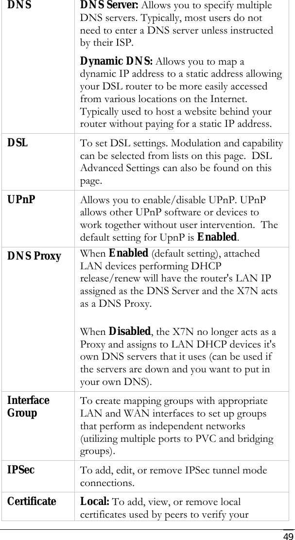     49 DNS DNS Server: Allows you to specify multiple DNS servers. Typically, most users do not need to enter a DNS server unless instructed by their ISP. Dynamic DNS: Allows you to map a dynamic IP address to a static address allowing your DSL router to be more easily accessed from various locations on the Internet.  Typically used to host a website behind your router without paying for a static IP address. DSL  To set DSL settings. Modulation and capability can be selected from lists on this page.  DSL Advanced Settings can also be found on this page. UPnP  Allows you to enable/disable UPnP. UPnP allows other UPnP software or devices to work together without user intervention.  The default setting for UpnP is Enabled. DNS Proxy  When Enabled (default setting), attached LAN devices performing DHCP release/renew will have the router&apos;s LAN IP assigned as the DNS Server and the X7N acts as a DNS Proxy.   When Disabled, the X7N no longer acts as a Proxy and assigns to LAN DHCP devices it&apos;s own DNS servers that it uses (can be used if the servers are down and you want to put in your own DNS). Interface Group  To create mapping groups with appropriate LAN and WAN interfaces to set up groups that perform as independent networks (utilizing multiple ports to PVC and bridging groups). IPSec  To add, edit, or remove IPSec tunnel mode connections. Certificate Local: To add, view, or remove local certificates used by peers to verify your 