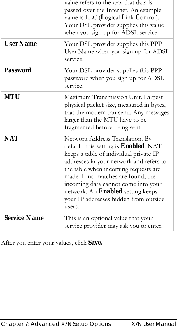  Chapter 7: Advanced X7N Setup Options  X7N User Manual value refers to the way that data is passed over the Internet. An example value is LLC (Logical Link Control). Your DSL provider supplies this value when you sign up for ADSL service. User Name  Your DSL provider supplies this PPP User Name when you sign up for ADSL service.  Password  Your DSL provider supplies this PPP password when you sign up for ADSL service. MTU  Maximum Transmission Unit. Largest physical packet size, measured in bytes, that the modem can send. Any messages larger than the MTU have to be fragmented before being sent. NAT  Network Address Translation. By default, this setting is Enabled. NAT keeps a table of individual private IP addresses in your network and refers to the table when incoming requests are made. If no matches are found, the incoming data cannot come into your network. An Enabled setting keeps your IP addresses hidden from outside users.  Service Name  This is an optional value that your service provider may ask you to enter.  After you enter your values, click Save.  