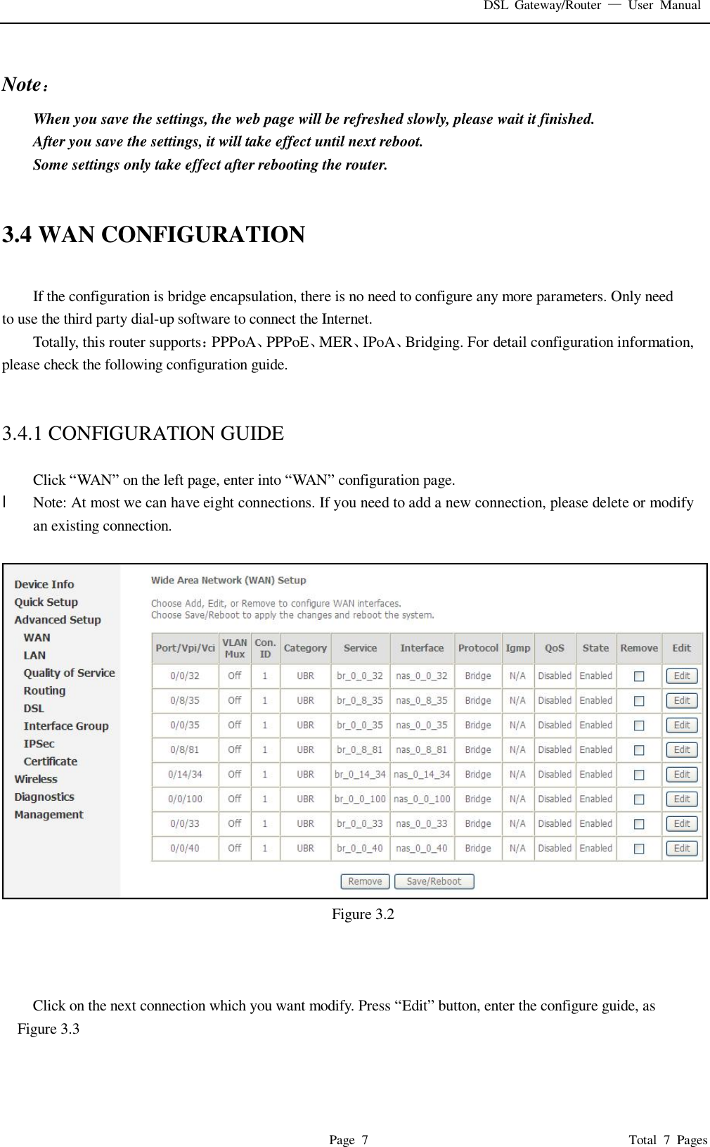 DSL Gateway/Router  — User Manual  Page 7                                       Total 7 Pages  Note： When you save the settings, the web page will be refreshed slowly, please wait it finished. After you save the settings, it will take effect until next reboot. Some settings only take effect after rebooting the router.   3.4 WAN CONFIGURATION  If the configuration is bridge encapsulation, there is no need to configure any more parameters. Only need to use the third party dial-up software to connect the Internet.  Totally, this router supports：PPPoA、PPPoE、MER、IPoA、Bridging. For detail configuration information, please check the following configuration guide.   3.4.1 CONFIGURATION GUIDE  Click “WAN” on the left page, enter into “WAN” configuration page. l  Note: At most we can have eight connections. If you need to add a new connection, please delete or modify an existing connection.    Figure 3.2    Click on the next connection which you want modify. Press “Edit” button, enter the configure guide, as Figure 3.3 