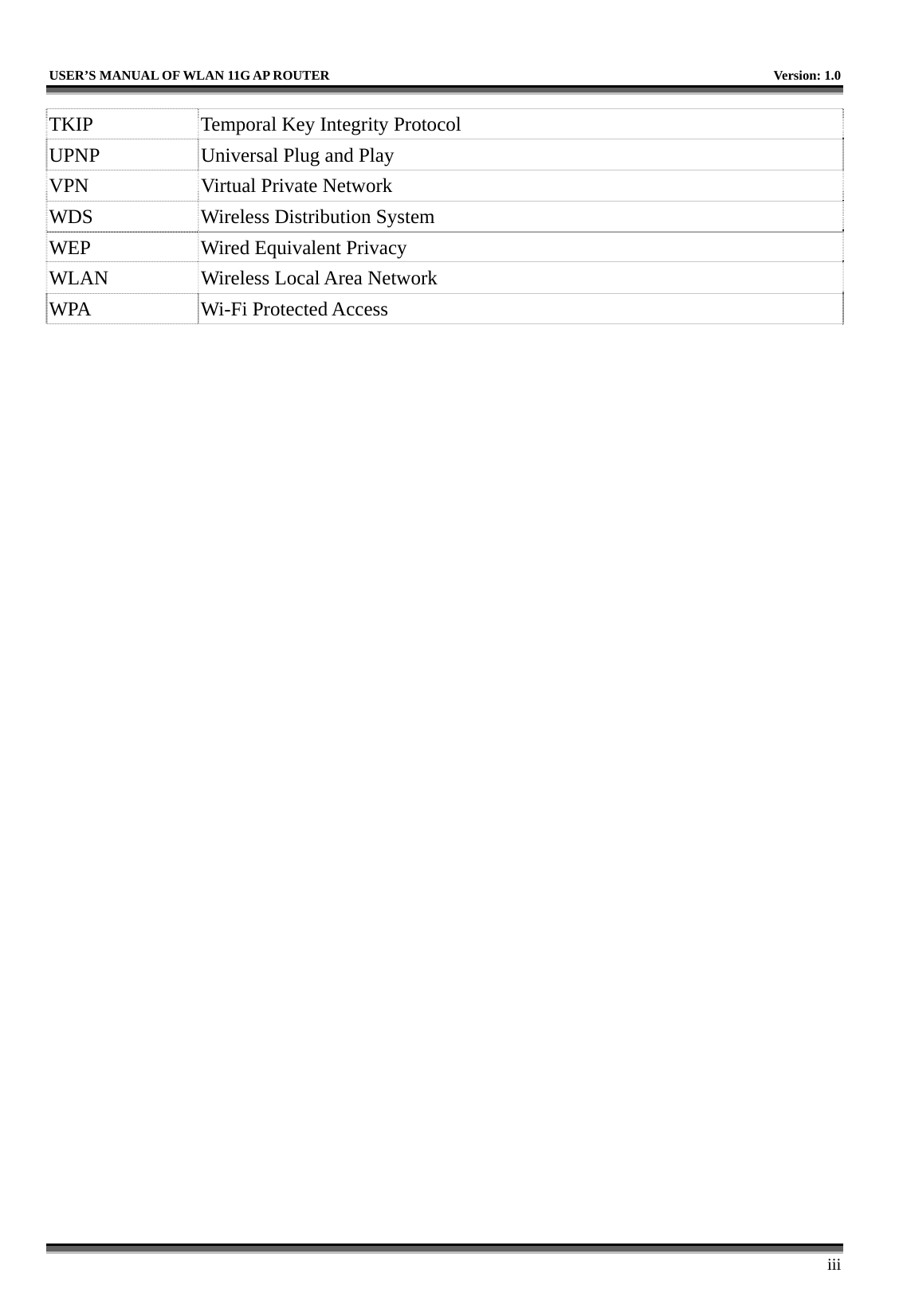   USER’S MANUAL OF WLAN 11G AP ROUTER    Version: 1.0     iii TKIP  Temporal Key Integrity Protocol UPNP  Universal Plug and Play   VPN  Virtual Private Network WDS  Wireless Distribution System WEP  Wired Equivalent Privacy WLAN  Wireless Local Area Network WPA Wi-Fi Protected Access    