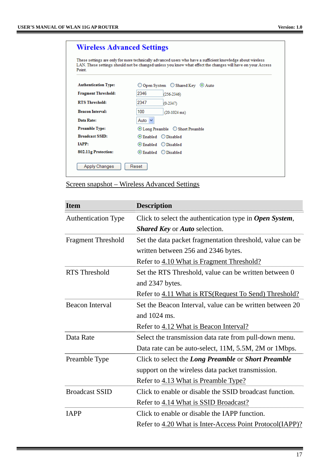   USER’S MANUAL OF WLAN 11G AP ROUTER    Version: 1.0     17  Screen snapshot – Wireless Advanced Settings  Item  Description   Authentication Type  Click to select the authentication type in Open System, Shared Key or Auto selection. Fragment Threshold  Set the data packet fragmentation threshold, value can be written between 256 and 2346 bytes. Refer to 4.10 What is Fragment Threshold? RTS Threshold  Set the RTS Threshold, value can be written between 0 and 2347 bytes. Refer to 4.11 What is RTS(Request To Send) Threshold?Beacon Interval  Set the Beacon Interval, value can be written between 20 and 1024 ms. Refer to 4.12 What is Beacon Interval? Data Rate  Select the transmission data rate from pull-down menu. Data rate can be auto-select, 11M, 5.5M, 2M or 1Mbps. Preamble Type  Click to select the Long Preamble or Short Preamble support on the wireless data packet transmission. Refer to 4.13 What is Preamble Type?  Broadcast SSID  Click to enable or disable the SSID broadcast function. Refer to 4.14 What is SSID Broadcast? IAPP  Click to enable or disable the IAPP function. Refer to 4.20 What is Inter-Access Point Protocol(IAPP)?