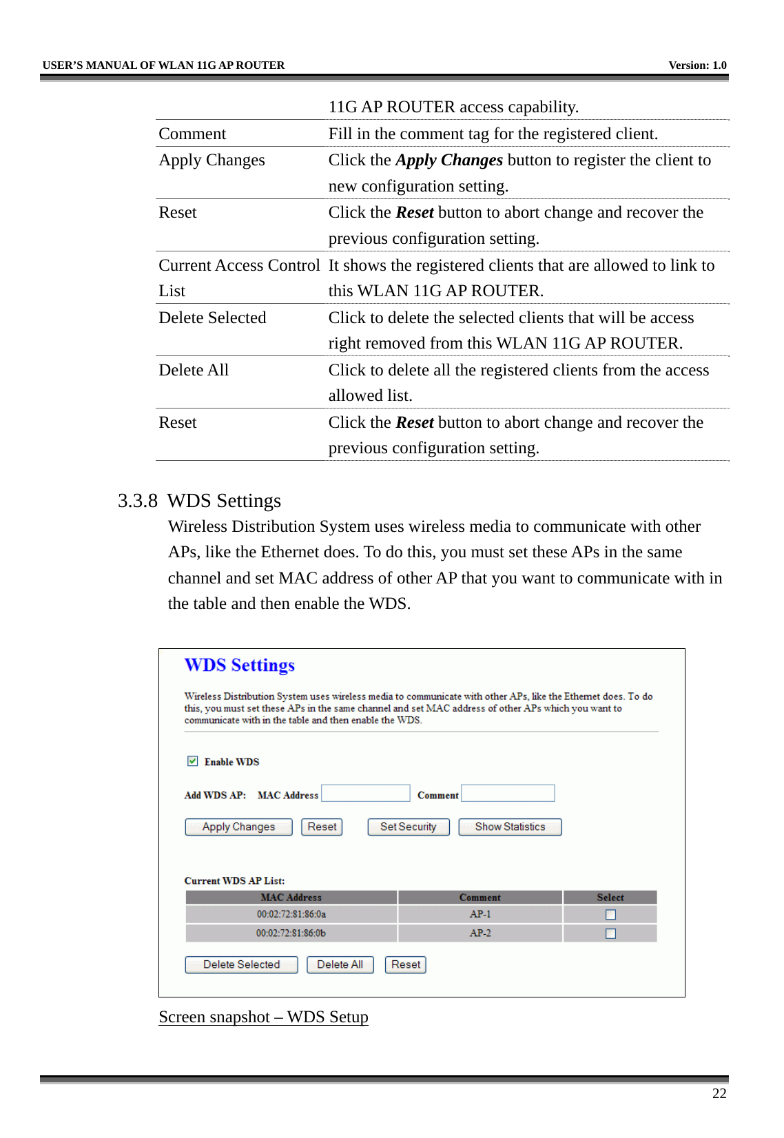   USER’S MANUAL OF WLAN 11G AP ROUTER    Version: 1.0     22 11G AP ROUTER access capability. Comment  Fill in the comment tag for the registered client. Apply Changes  Click the Apply Changes button to register the client to new configuration setting. Reset Click the Reset button to abort change and recover the previous configuration setting. Current Access Control List It shows the registered clients that are allowed to link to this WLAN 11G AP ROUTER. Delete Selected  Click to delete the selected clients that will be access right removed from this WLAN 11G AP ROUTER. Delete All  Click to delete all the registered clients from the access allowed list.   Reset Click the Reset button to abort change and recover the previous configuration setting.  3.3.8 WDS Settings Wireless Distribution System uses wireless media to communicate with other APs, like the Ethernet does. To do this, you must set these APs in the same channel and set MAC address of other AP that you want to communicate with in the table and then enable the WDS.   Screen snapshot – WDS Setup  