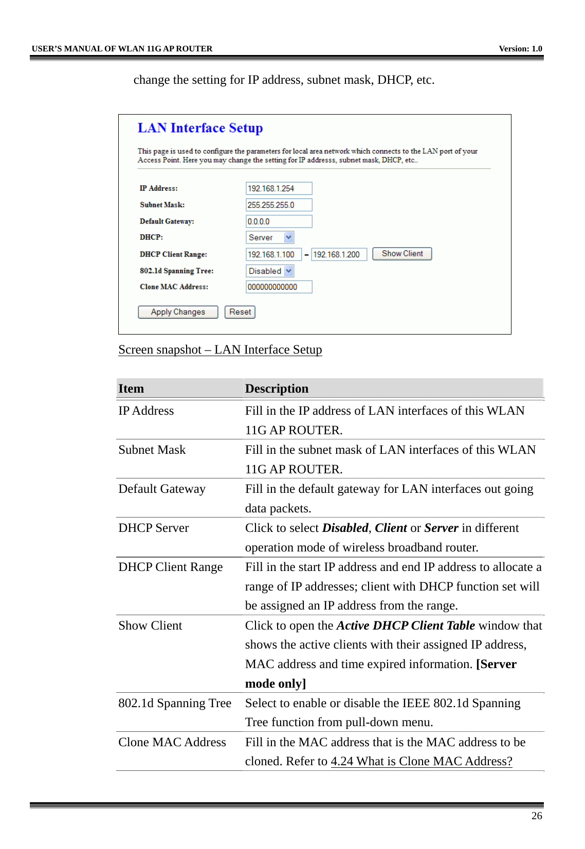   USER’S MANUAL OF WLAN 11G AP ROUTER    Version: 1.0     26 change the setting for IP address, subnet mask, DHCP, etc.   Screen snapshot – LAN Interface Setup  Item  Description   IP Address  Fill in the IP address of LAN interfaces of this WLAN 11G AP ROUTER. Subnet Mask  Fill in the subnet mask of LAN interfaces of this WLAN 11G AP ROUTER. Default Gateway  Fill in the default gateway for LAN interfaces out going data packets. DHCP Server  Click to select Disabled, Client or Server in different operation mode of wireless broadband router. DHCP Client Range  Fill in the start IP address and end IP address to allocate a range of IP addresses; client with DHCP function set will be assigned an IP address from the range. Show Client  Click to open the Active DHCP Client Table window that shows the active clients with their assigned IP address, MAC address and time expired information. [Server mode only] 802.1d Spanning Tree  Select to enable or disable the IEEE 802.1d Spanning Tree function from pull-down menu. Clone MAC Address  Fill in the MAC address that is the MAC address to be cloned. Refer to 4.24 What is Clone MAC Address? 