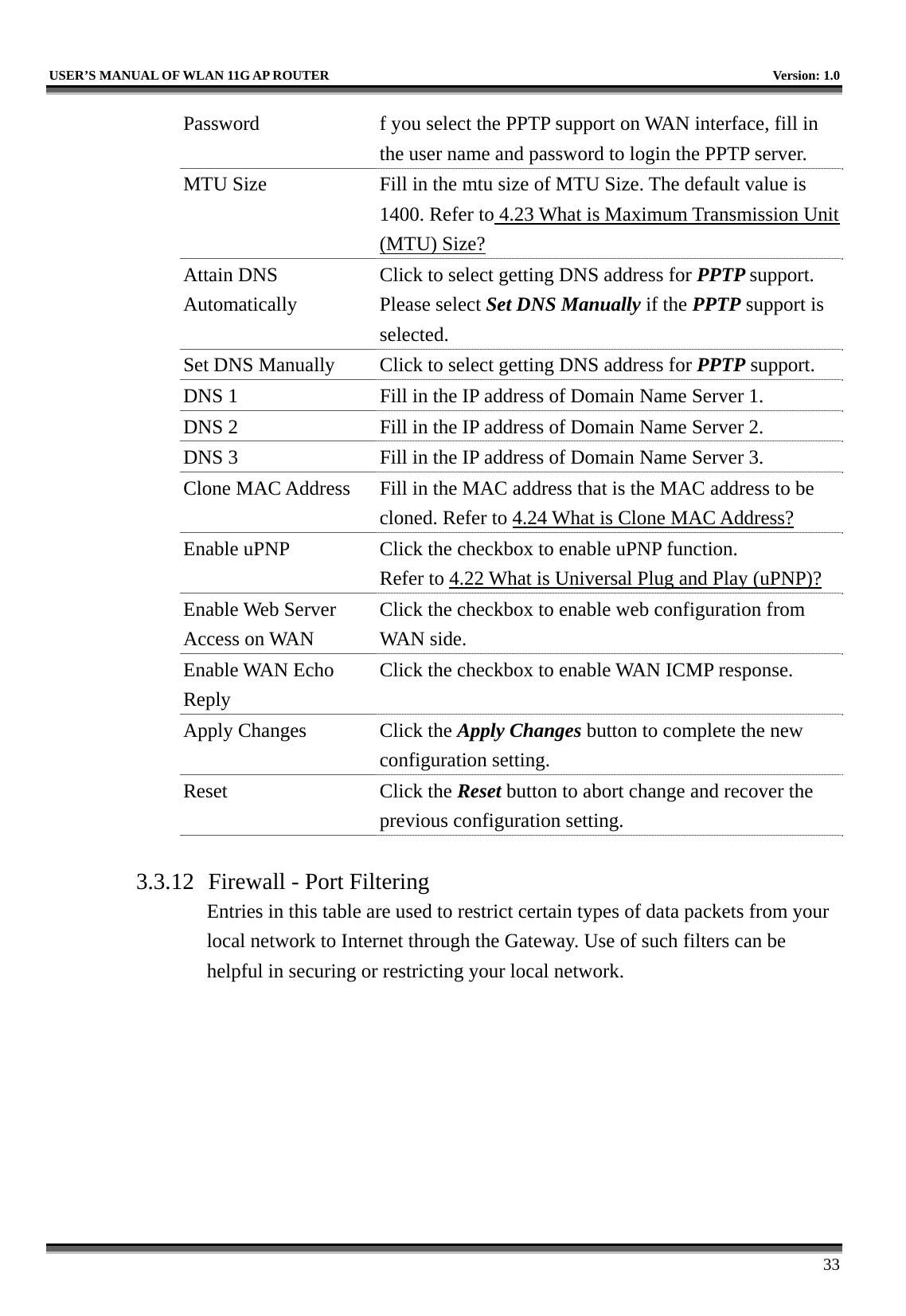   USER’S MANUAL OF WLAN 11G AP ROUTER    Version: 1.0     33 Password  f you select the PPTP support on WAN interface, fill in the user name and password to login the PPTP server. MTU Size  Fill in the mtu size of MTU Size. The default value is 1400. Refer to 4.23 What is Maximum Transmission Unit (MTU) Size? Attain DNS Automatically Click to select getting DNS address for PPTP support. Please select Set DNS Manually if the PPTP support is selected. Set DNS Manually  Click to select getting DNS address for PPTP support. DNS 1  Fill in the IP address of Domain Name Server 1. DNS 2  Fill in the IP address of Domain Name Server 2. DNS 3  Fill in the IP address of Domain Name Server 3. Clone MAC Address  Fill in the MAC address that is the MAC address to be cloned. Refer to 4.24 What is Clone MAC Address? Enable uPNP  Click the checkbox to enable uPNP function. Refer to 4.22 What is Universal Plug and Play (uPNP)? Enable Web Server Access on WAN Click the checkbox to enable web configuration from WAN side. Enable WAN Echo Reply Click the checkbox to enable WAN ICMP response. Apply Changes  Click the Apply Changes button to complete the new configuration setting. Reset Click the Reset button to abort change and recover the previous configuration setting.  3.3.12  Firewall - Port Filtering Entries in this table are used to restrict certain types of data packets from your local network to Internet through the Gateway. Use of such filters can be helpful in securing or restricting your local network.  