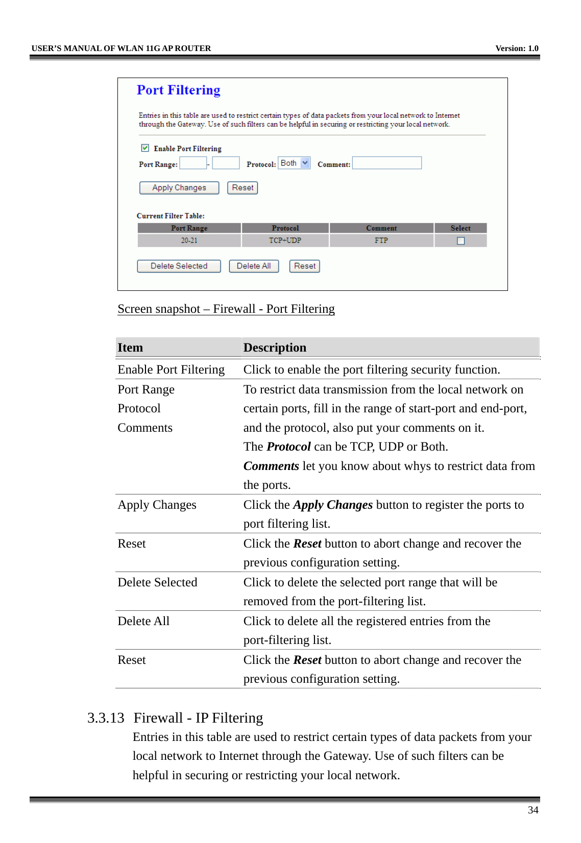   USER’S MANUAL OF WLAN 11G AP ROUTER    Version: 1.0     34  Screen snapshot – Firewall - Port Filtering  Item  Description   Enable Port Filtering  Click to enable the port filtering security function. Port Range Protocol Comments To restrict data transmission from the local network on certain ports, fill in the range of start-port and end-port, and the protocol, also put your comments on it. The Protocol can be TCP, UDP or Both. Comments let you know about whys to restrict data from the ports. Apply Changes  Click the Apply Changes button to register the ports to port filtering list. Reset Click the Reset button to abort change and recover the previous configuration setting. Delete Selected  Click to delete the selected port range that will be removed from the port-filtering list. Delete All  Click to delete all the registered entries from the port-filtering list.   Reset Click the Reset button to abort change and recover the previous configuration setting.  3.3.13  Firewall - IP Filtering Entries in this table are used to restrict certain types of data packets from your local network to Internet through the Gateway. Use of such filters can be helpful in securing or restricting your local network. 